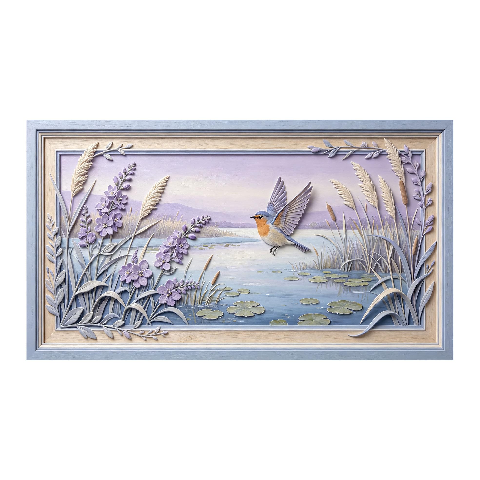 Murasolite 3D 3D Framed Wall Art 50cm×90cm Lake Bird Floral Landscape Pastoral Oil Painting SelfAdhesive Fabric Mural Wall Decor, Peel and Stick No Damage to Wall for Bedroom Living Room