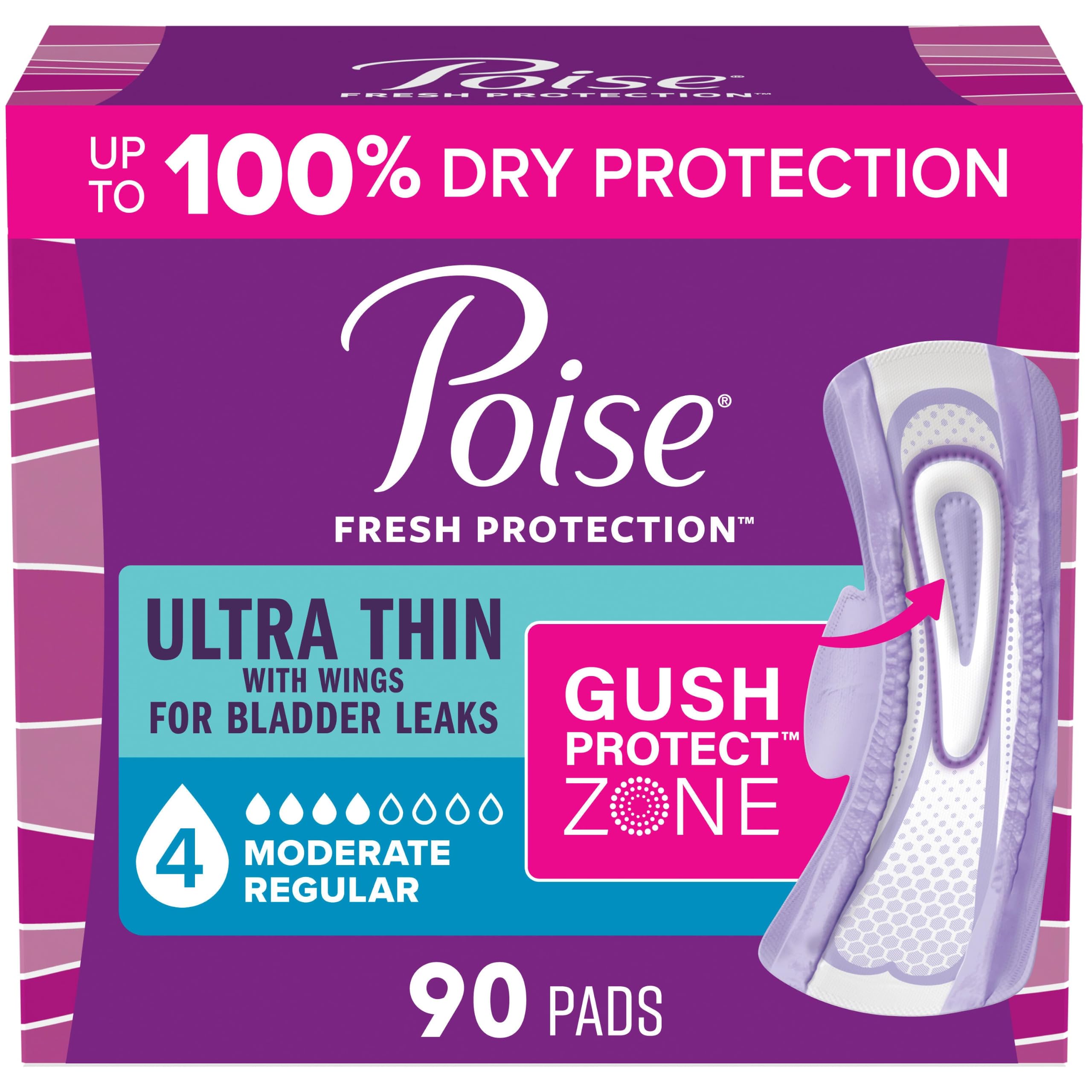 Photo 1 of Poise Ultra Thin Incontinence Pads, 4 Drop Moderate Absorbency, 90 Count