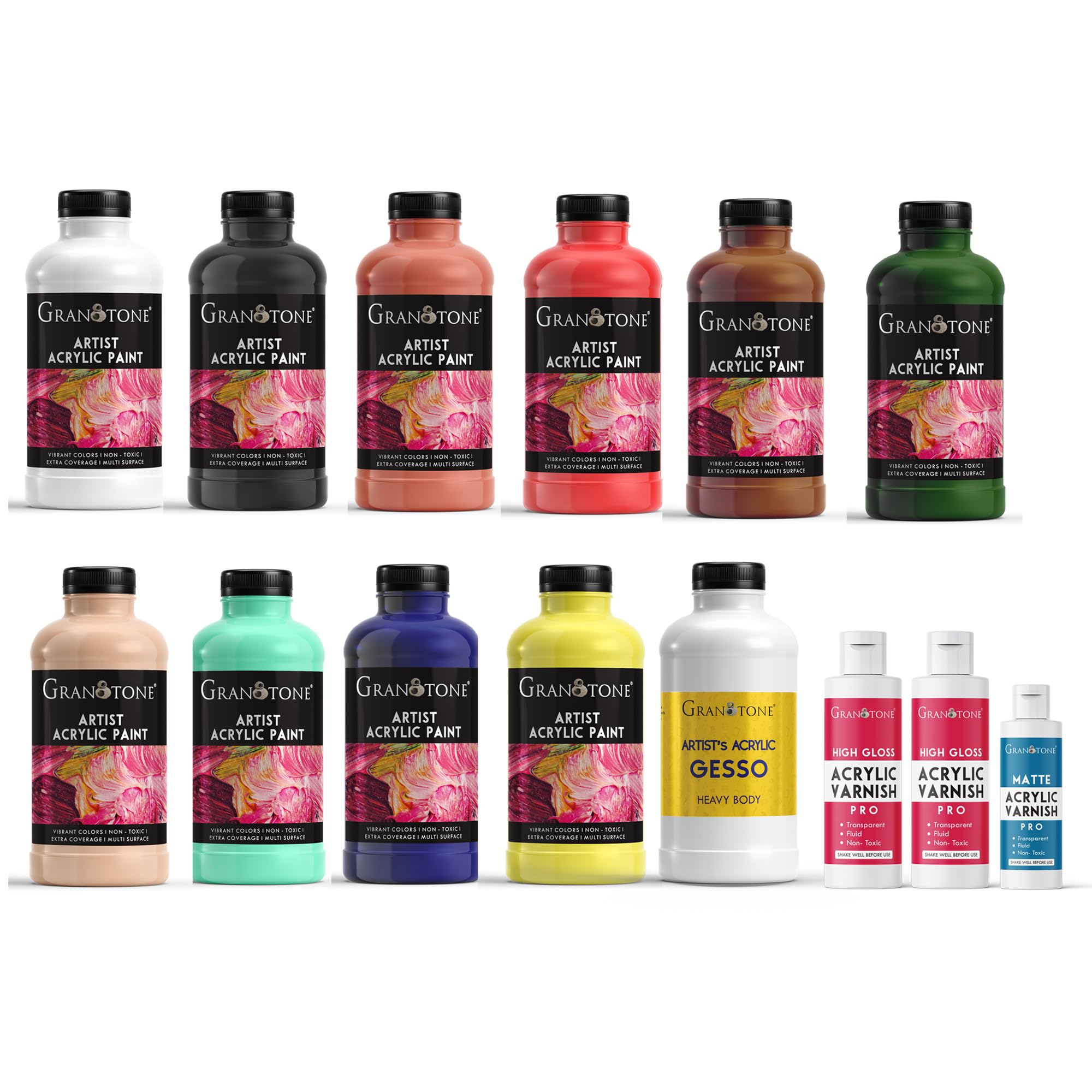 GRANOTONE Acrylic Paint Set of 12 with 10 colours, 1 Gesso & 1 Varnish Rich Pigment