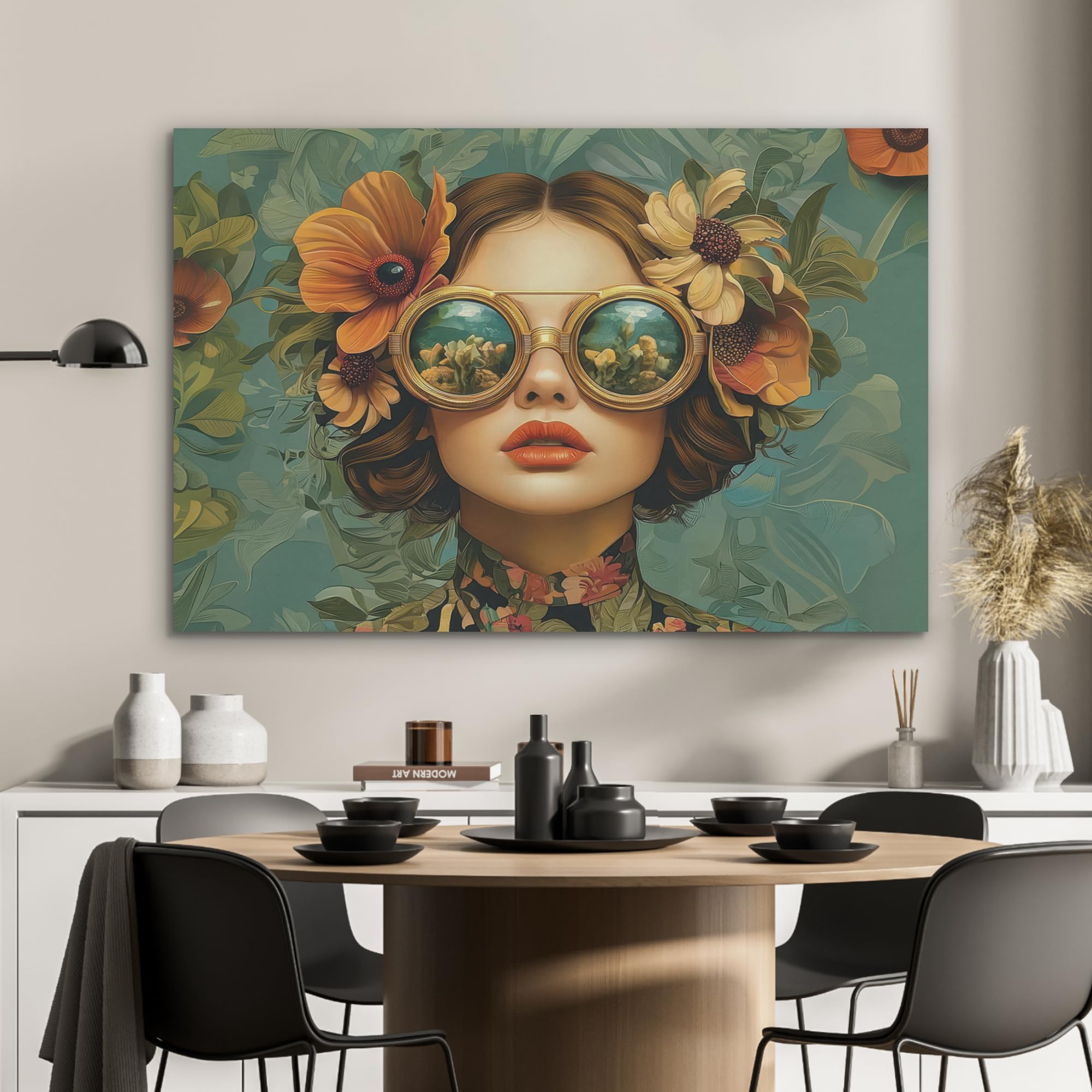 MuchoWow Bilder aus Filz 100x70 cm Wandbild Kunstdruck Blumen Schmetterlinge Natur Vintage Deko