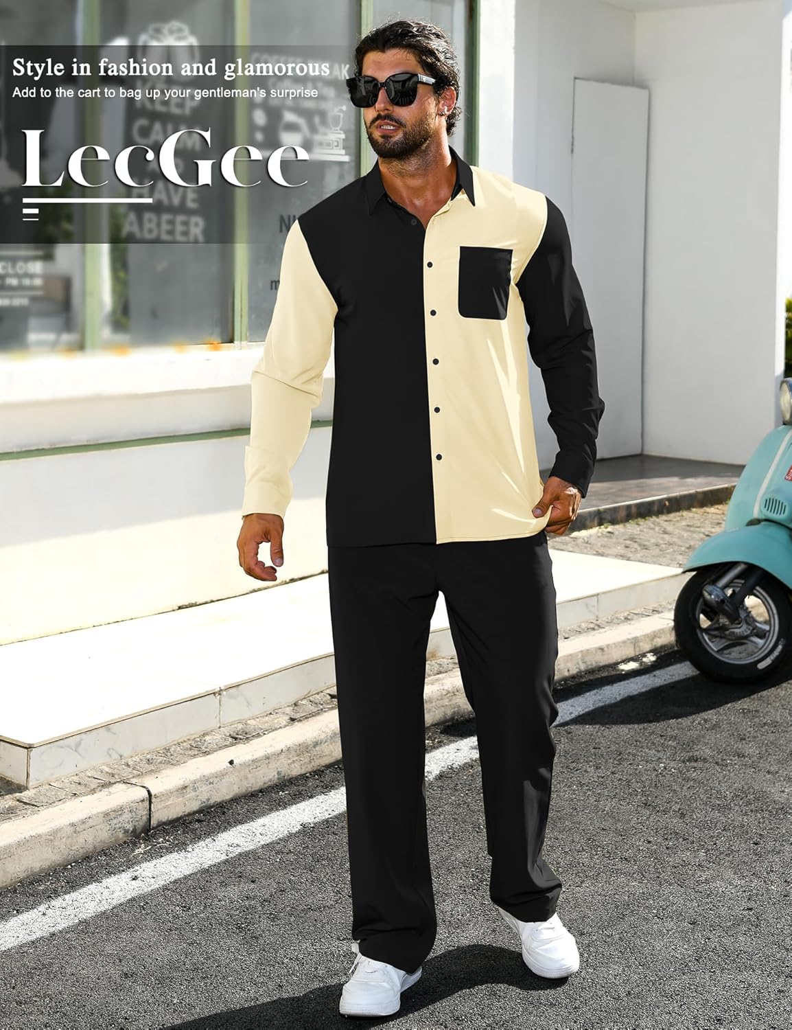 LecGee Mens 2 Piece Color Block Outfits Casual Long Sleeve Color Block Shirts and Pants Matching Set Sweatsuit - Image 3
