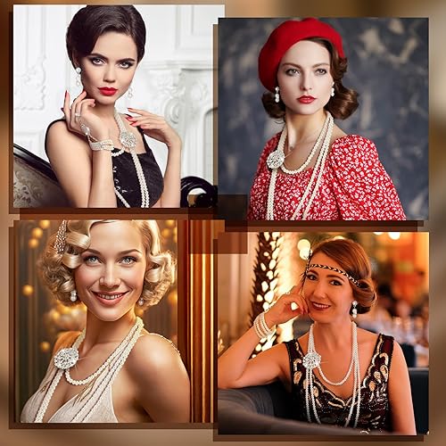 Miniatura 5 de Maitys 3 Pcs 1920s Pearl Jewelry Set Includes Vintage Flapper Earrings Multilayer Imitation Pearl Necklace Bracelet for Women