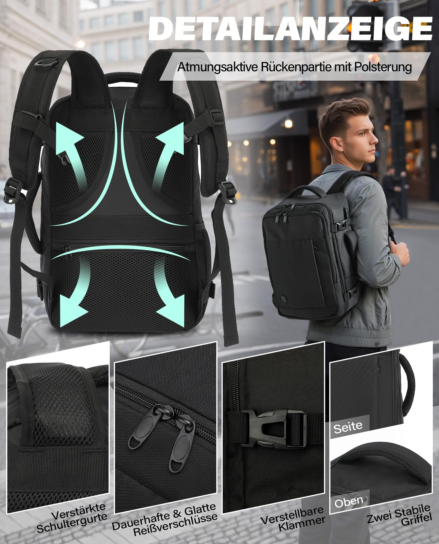 VANKEV Handgepäck 40x30x20 24L Reiserucksack Klein 15.6 Zoll Laptop Rucksack SCHWARZ