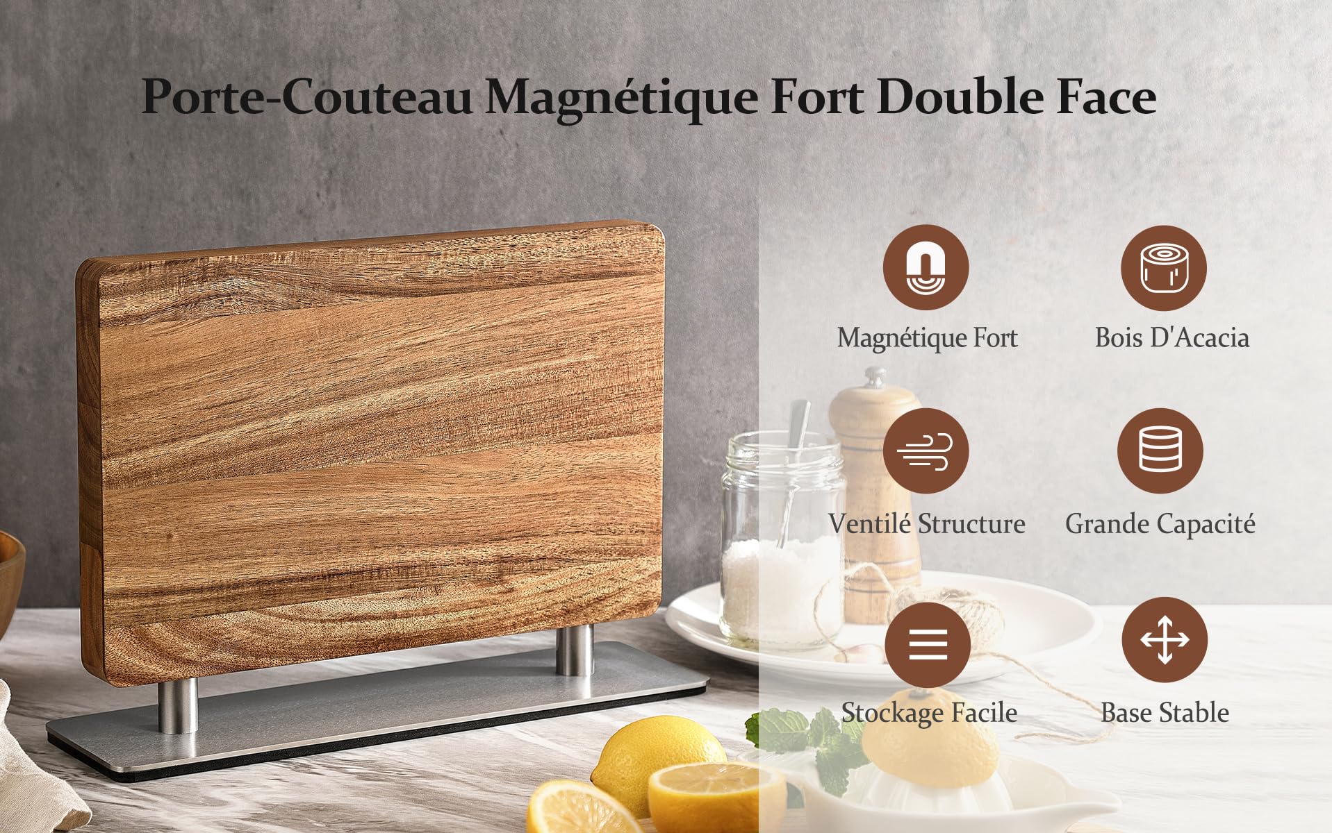 HEZHEN Bloc de Couteaux Magnétique, Porte-couteau en Bois D'Acacia, Aimanté Double Face Support à Couteaux, Outil de Rangement pour les Couteaux