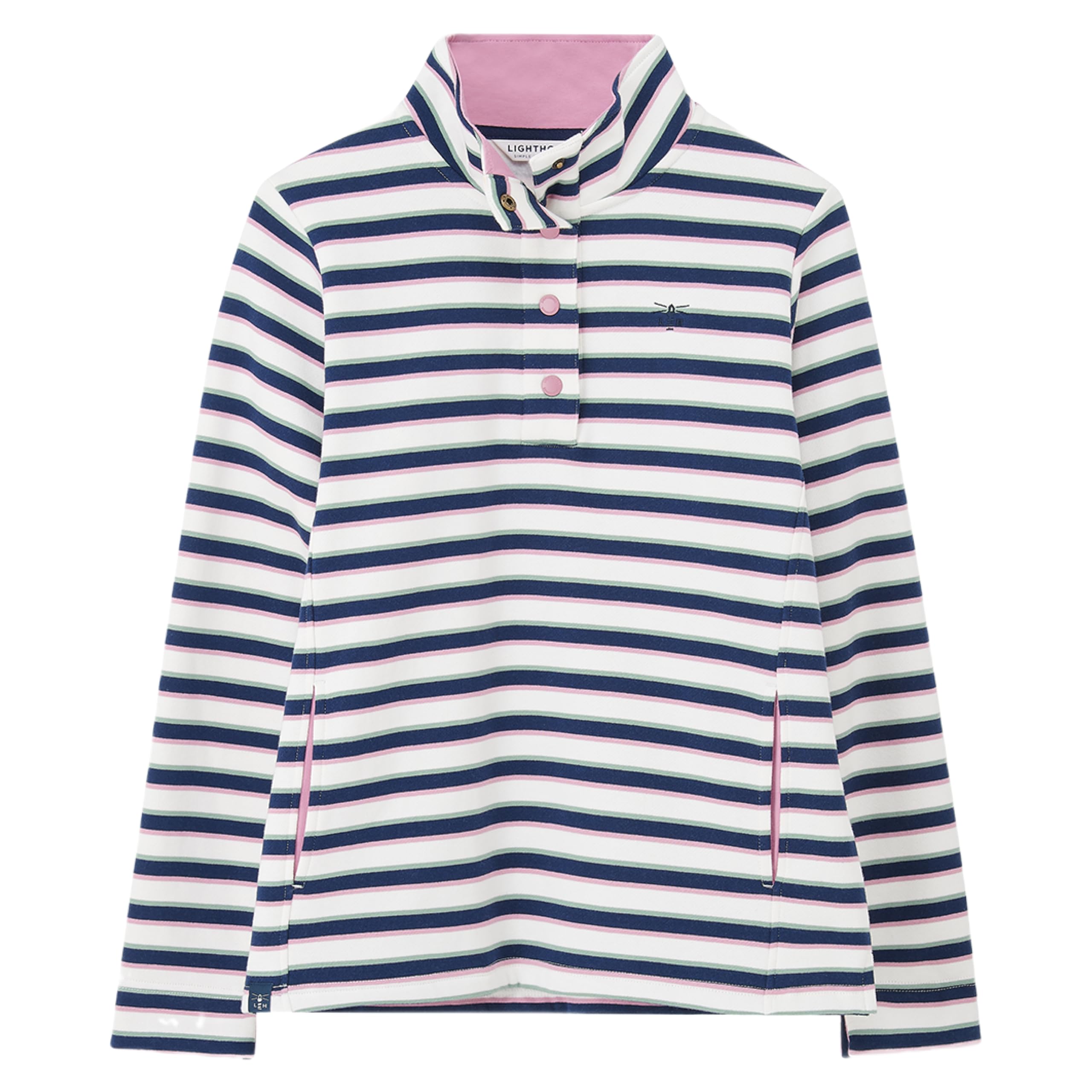 LightHouse Womens Haven Sweatshirt - Ladies Warm Popper Detail Cotton Top - Navy Sage Rose Stripe - 10
