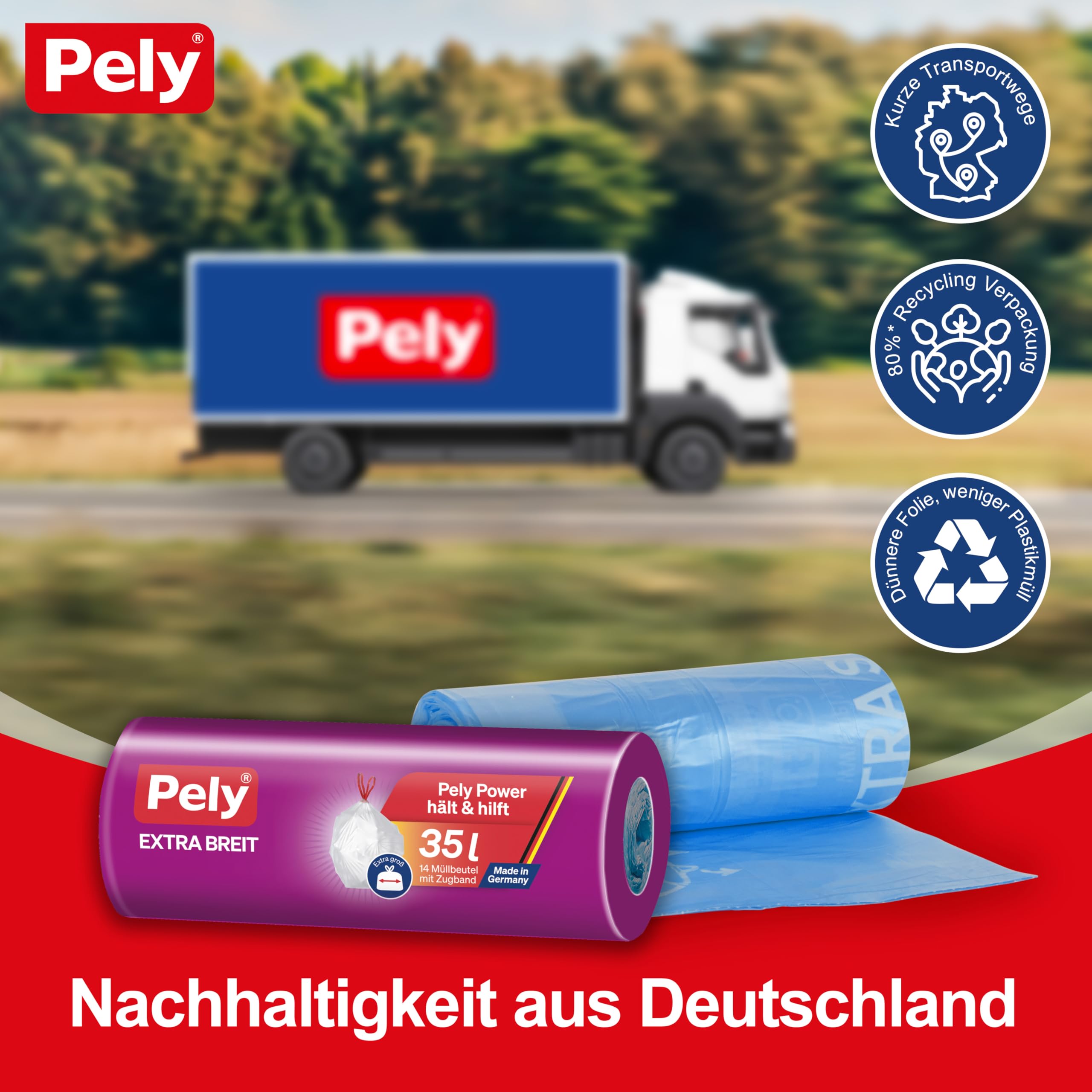 Pely Zugband Müllbeutel 35 Liter extra breit - XXL Vorteilspack 19 x 14 Stück im Karton, für die Entsorgung von Restmüll