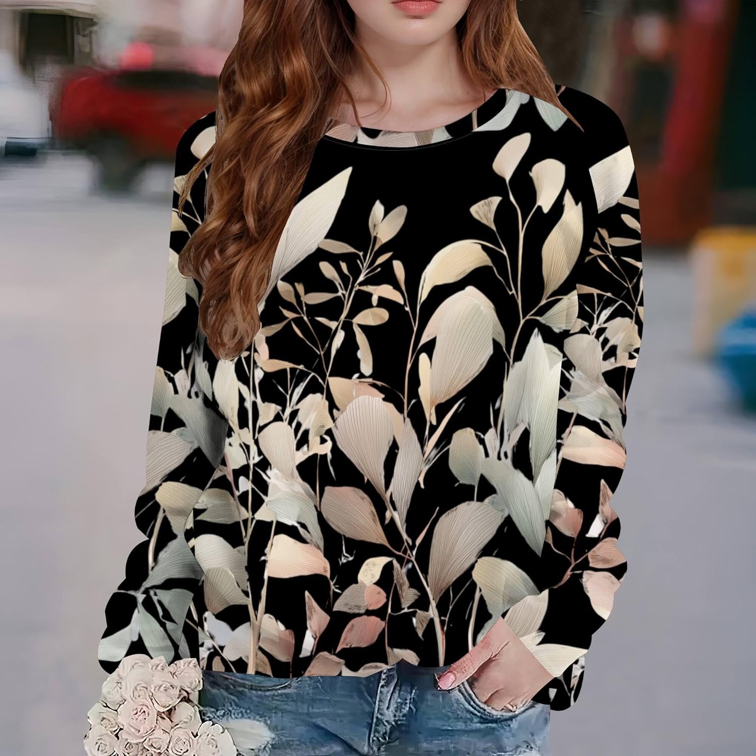Vinatge Floral Printed Sweatshirt for Women Boho Flower Pullover Tops Long Sleeve Crewneck Graphic Casual Blouse - Image 2
