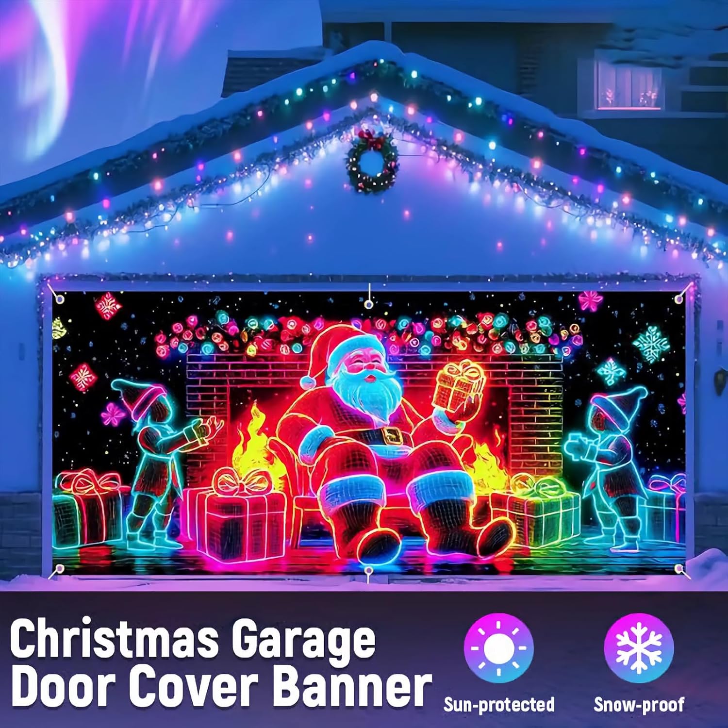 Christmas Garage Door Cover Banner 7X16ft UV Activated Christmas Garage Door Cover Large Glows in Dark 2D Flat Holiday Xmas Wall Decor Outdoor Lighted Garage Banner with Cartoon Santa Elf (7×16ft, A)