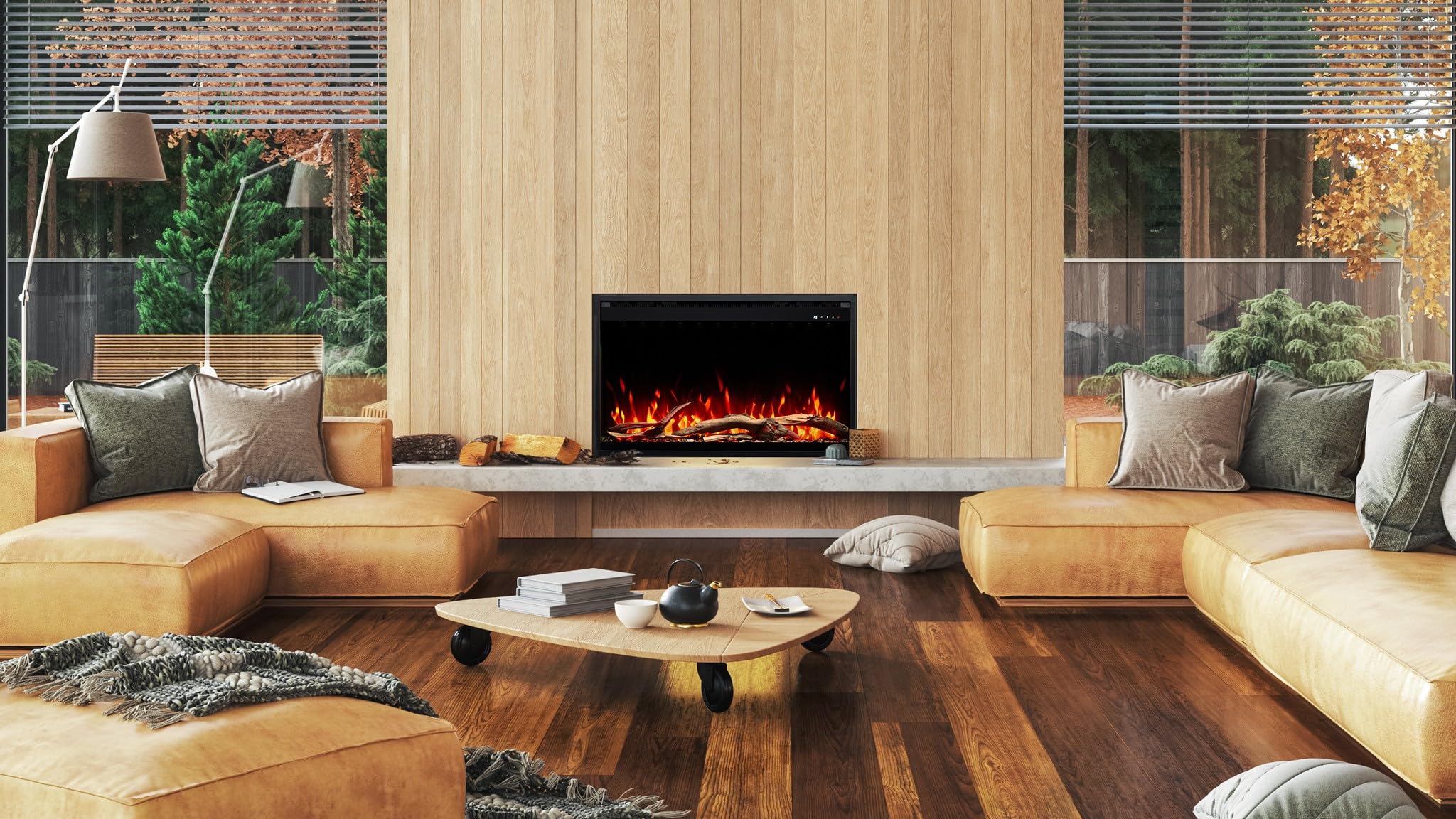 AFLAMO Chimenea Eléctrica LED AFLAMO 3D 90x45, Montaje Empotrado, Control por App, Compatible con Alexa, Calefacción y Efectos de Llama Multicolor, con Sonido y Calefacción (90x45x20)