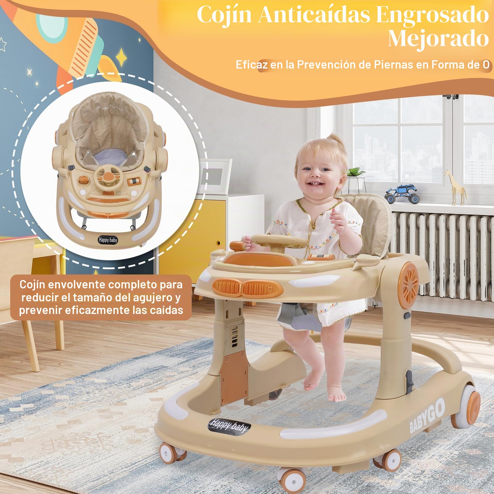 Andador Bebe 4 en 1, Carrito Bebes Plegable con Altura Ajustable y Musical Bandeja, Alfombrilla Suelo y Freno, Diseño Anticolisión, Correpasillos para Bebe 6-12 Meses