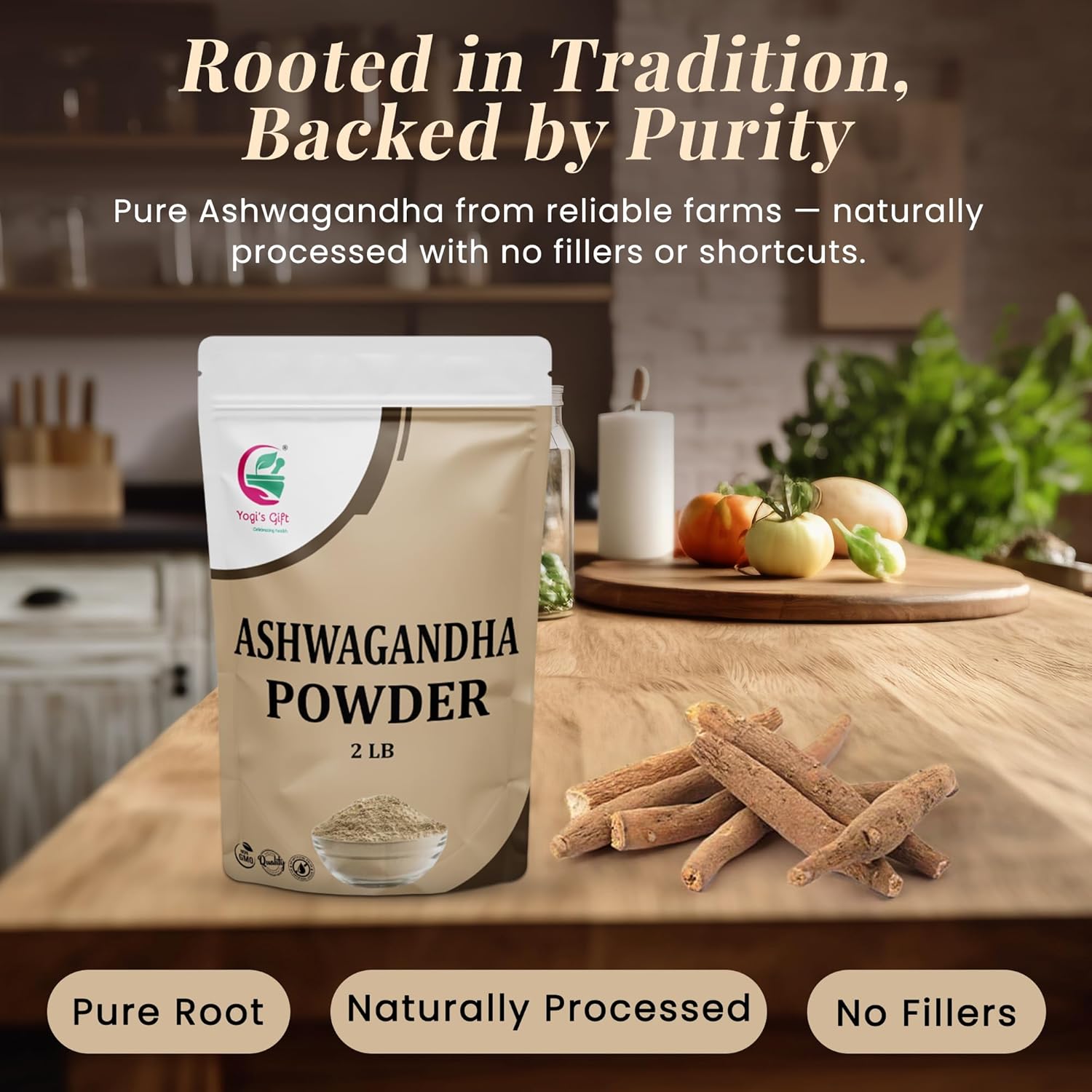 Ashwagandha Powder 2 LB, 100% Natural & Pure Ashwagandha Root Powder, Finely Grounded for Teas, Smoothies & Recipes, 2 LB Bulk Pack, Resealable Bag for Freshness - By Yogi’s Gift®