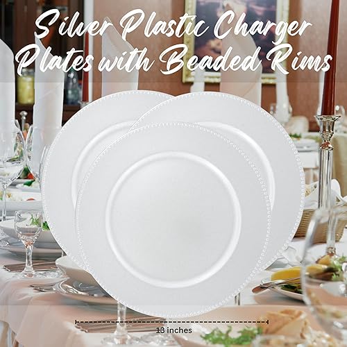 Miniatura 2 de SHMIR - Platos de plástico plateados con bordes de cuentas de 13 pulgadas, placa de servicio redonda para el hogar, cocina, cena, fiesta, bodas,