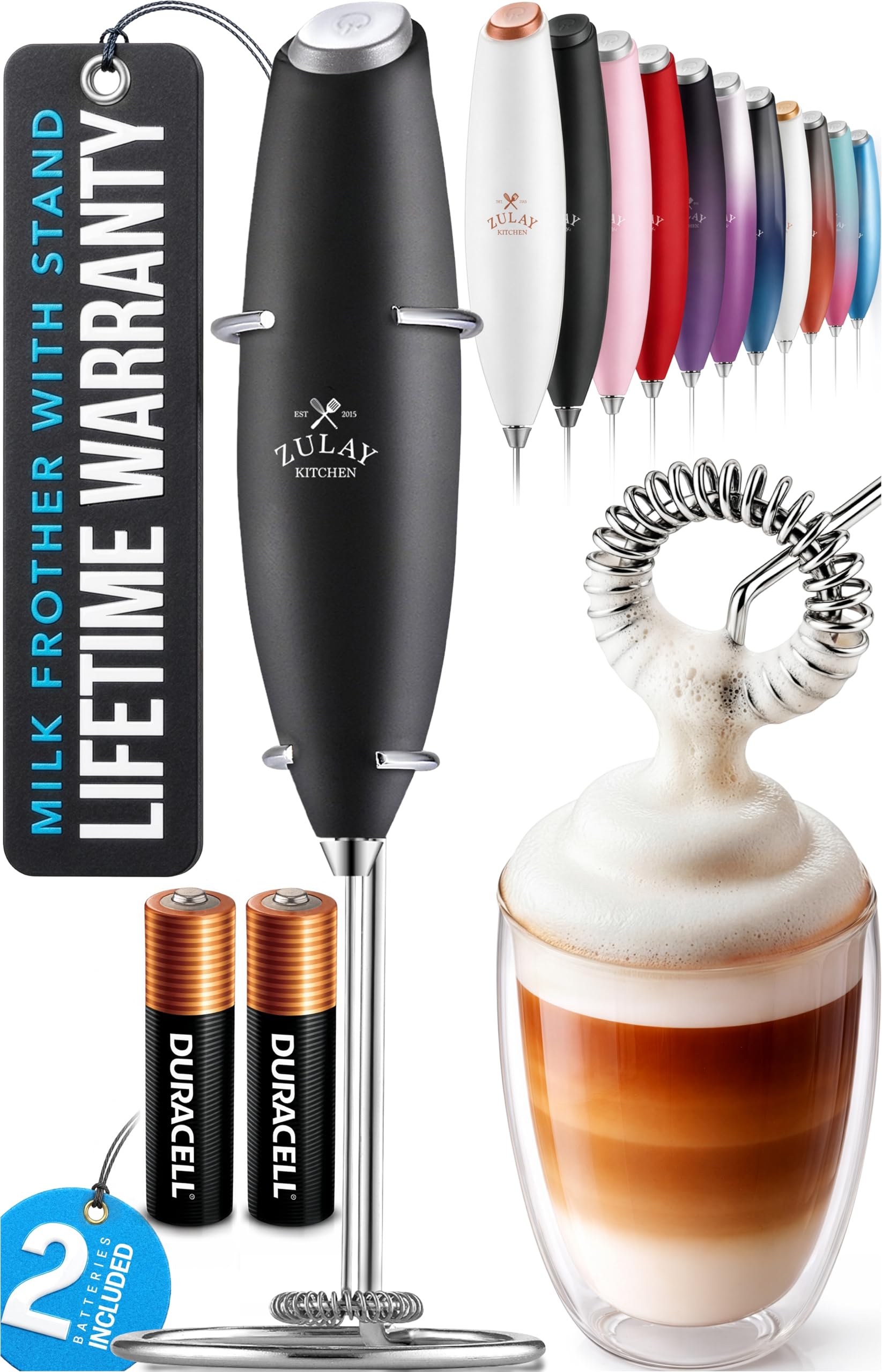 Zulay Kitchen Powerful Milk Frother Wand With Duracell Batteries - Ultra Fast Handheld Drink Mixer - Electric Whisk Foam Maker for Coffee, Lattes, Cappuccino &amp; Matcha - Z1 Motor - New Black