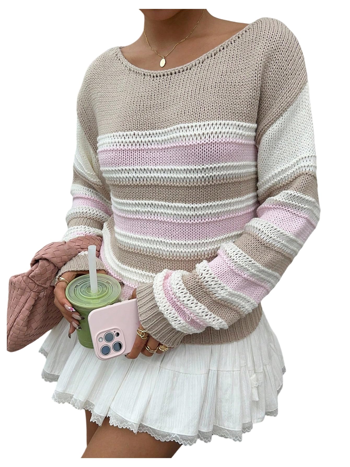 MakeMeChic Womens Striped Asymmetrical Neck Sweater Long Sleeve Knitted Pullovers