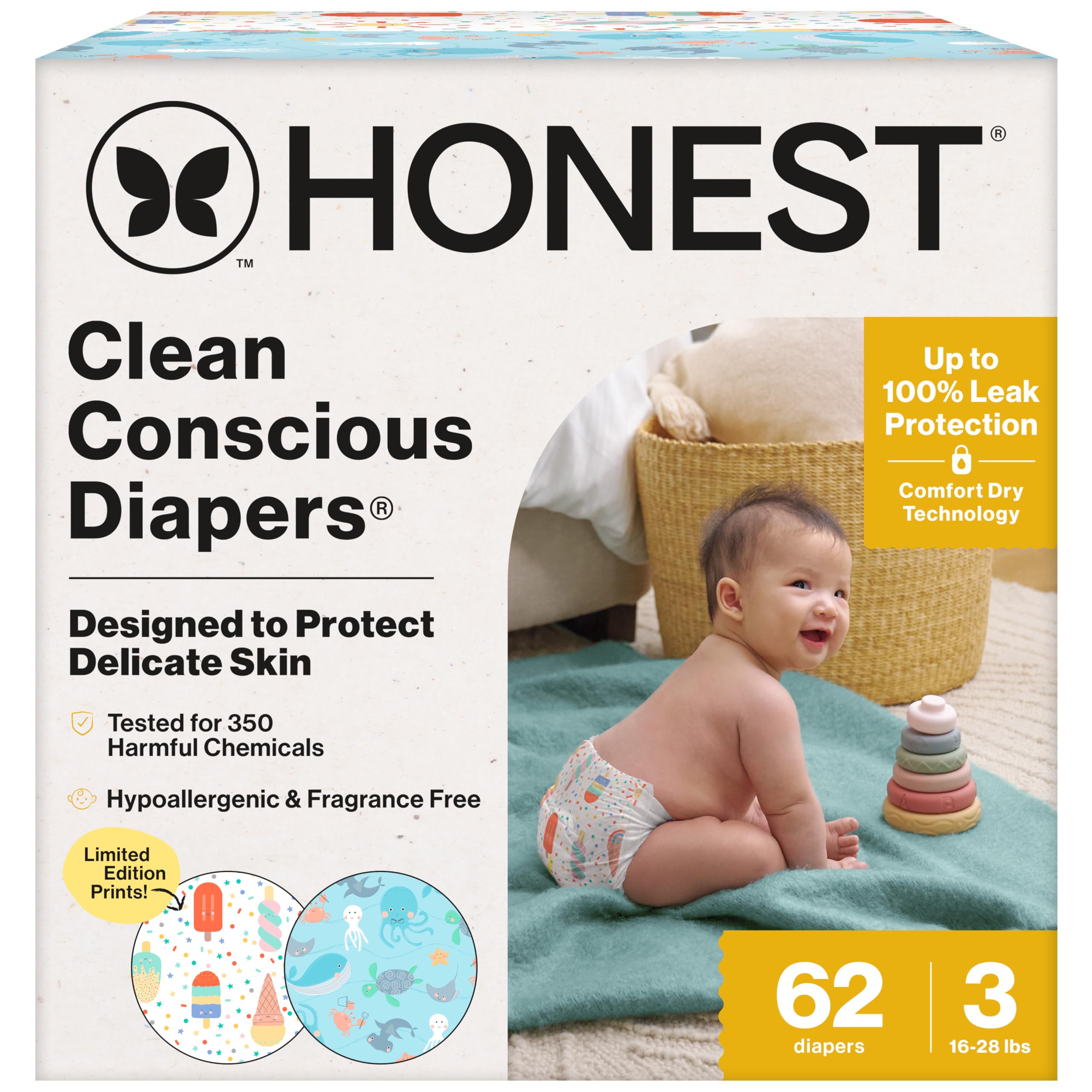 The Honest Company Clean Conscious Diapers for Delicate Skin | Up to 100% Leakproof | Hypoallergenic, Fragrance Free | Summer '25 Limited Edition Prints | Club Box, Size 3 (16-28 lbs), 62 Count