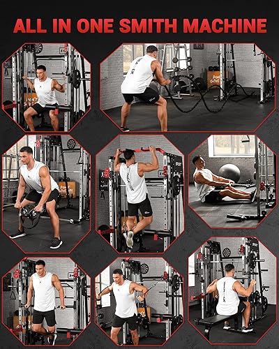 Miniatura 8 de GarveeLife Smith Machine - Gimnasio en casa todo en uno, jaula de potencia para sentadillas de 2200 libras con barra Smith, tracción LAT, sistemas