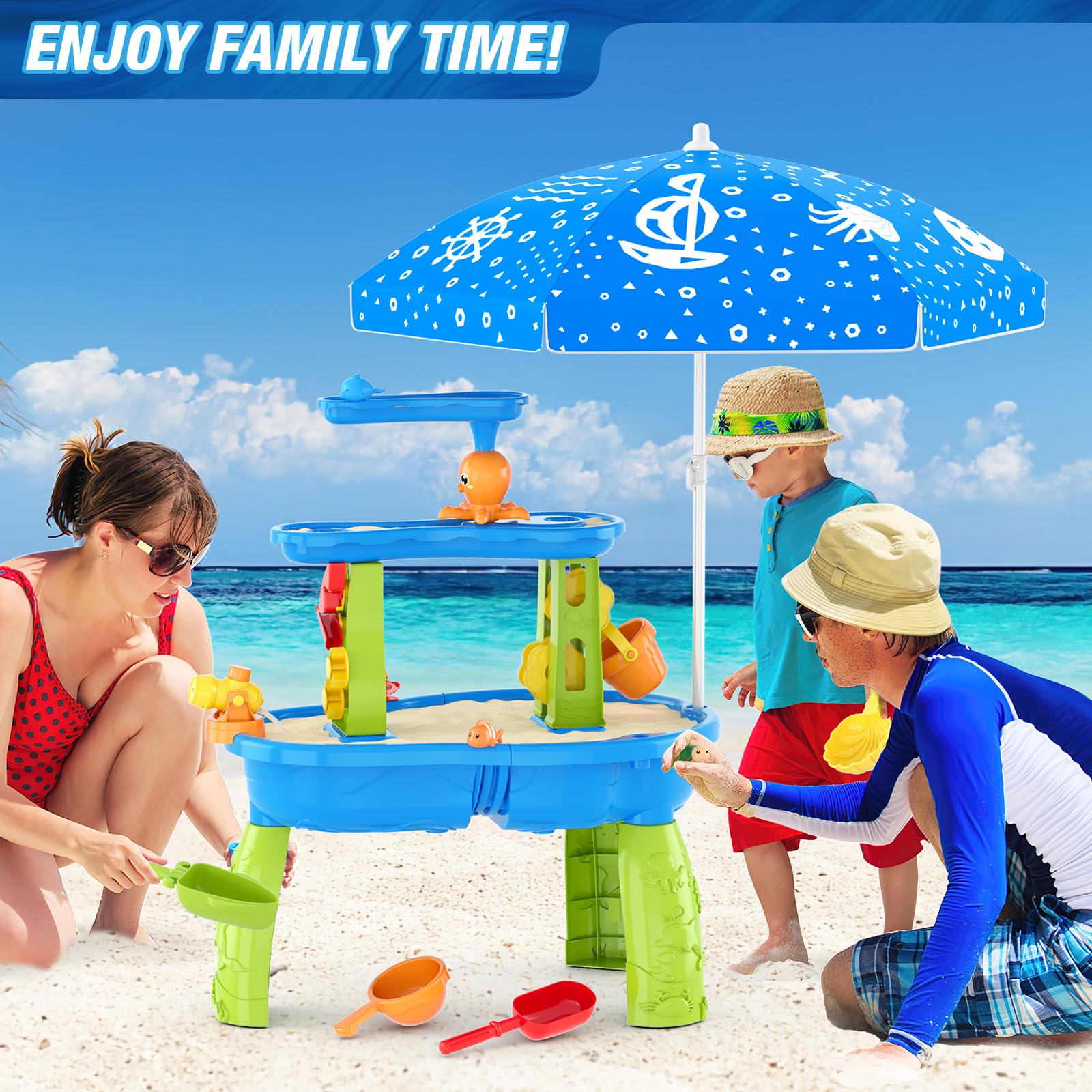 HYES Table d'eau pour Enfants, 3-Tier Table Sable et Eau Jouets avec Parapluie, Douches de Pluie Splash étang pour Plage Cour, Table Eau Sable Jeux de d'été Exterieur pour Garçons Filles, Bleu