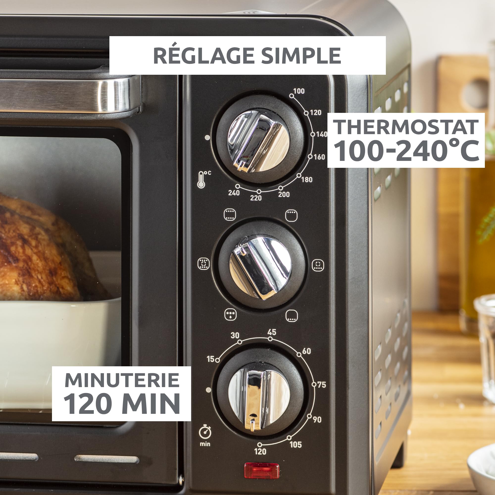 Moulinex Four électrique posable 19 L, Compact, chaleur tournante, 6 modes de cuisson, Thermostat réglable jusqu’à 240°C, Minuteur 120 min, Grille réversible, Lèche frites, Optimo noir OX444810