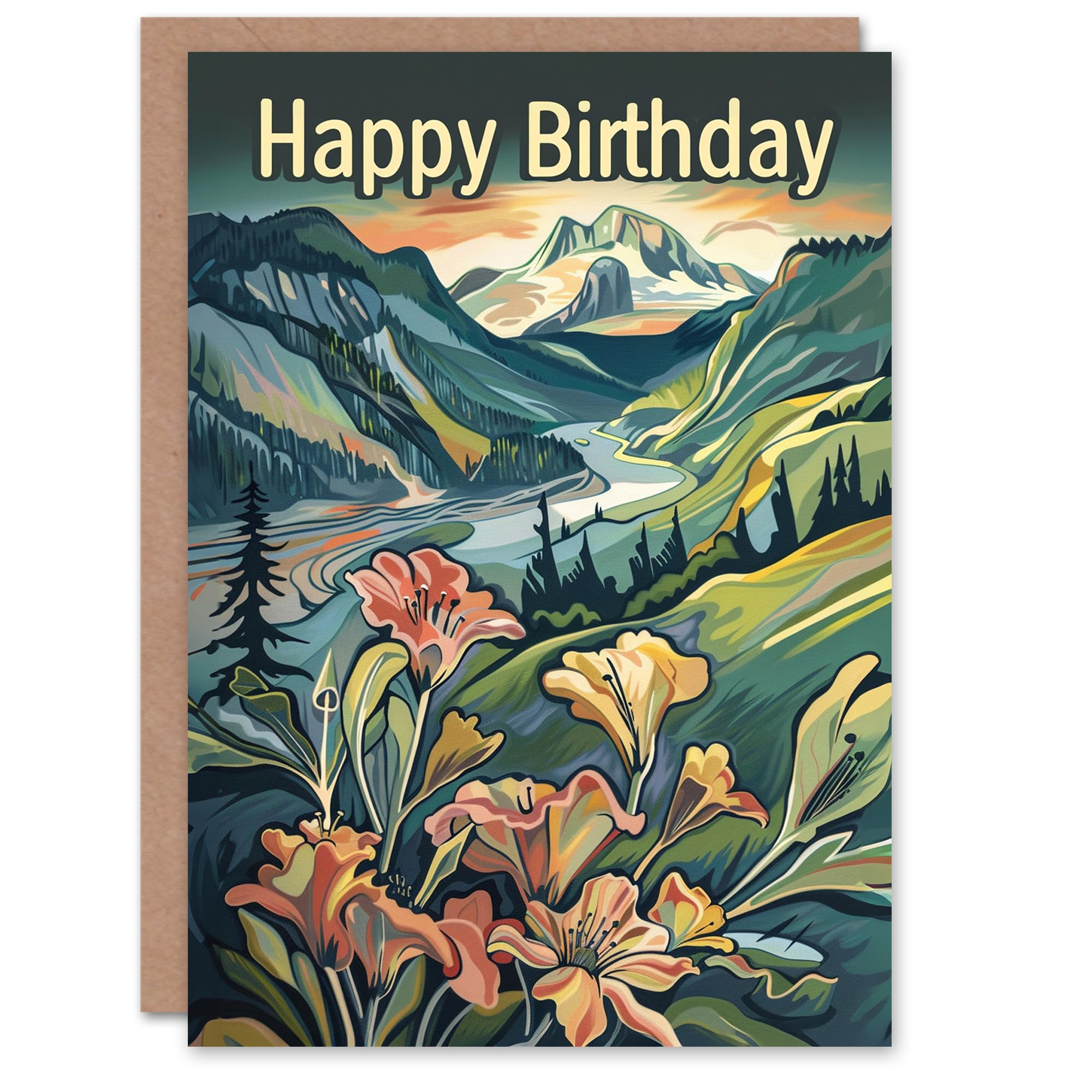 Artery8 - Birthday Card - Scenic Mountain Landscape Sunrise - Green