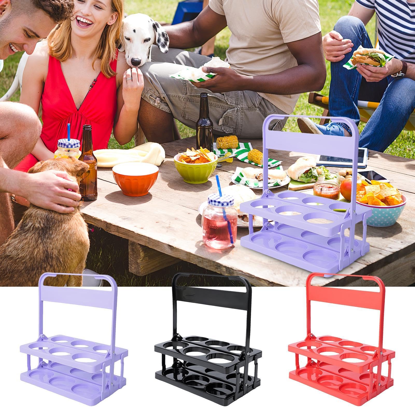 Tragbarer Getränkeflaschenhalter, zusammenklappbar, PP-Gestell mit Griff, 6 Schlitze, für Wein- und Bieraufbewahrung, ideal zum Grillen und Partys, 3er-Set Getränkehalter