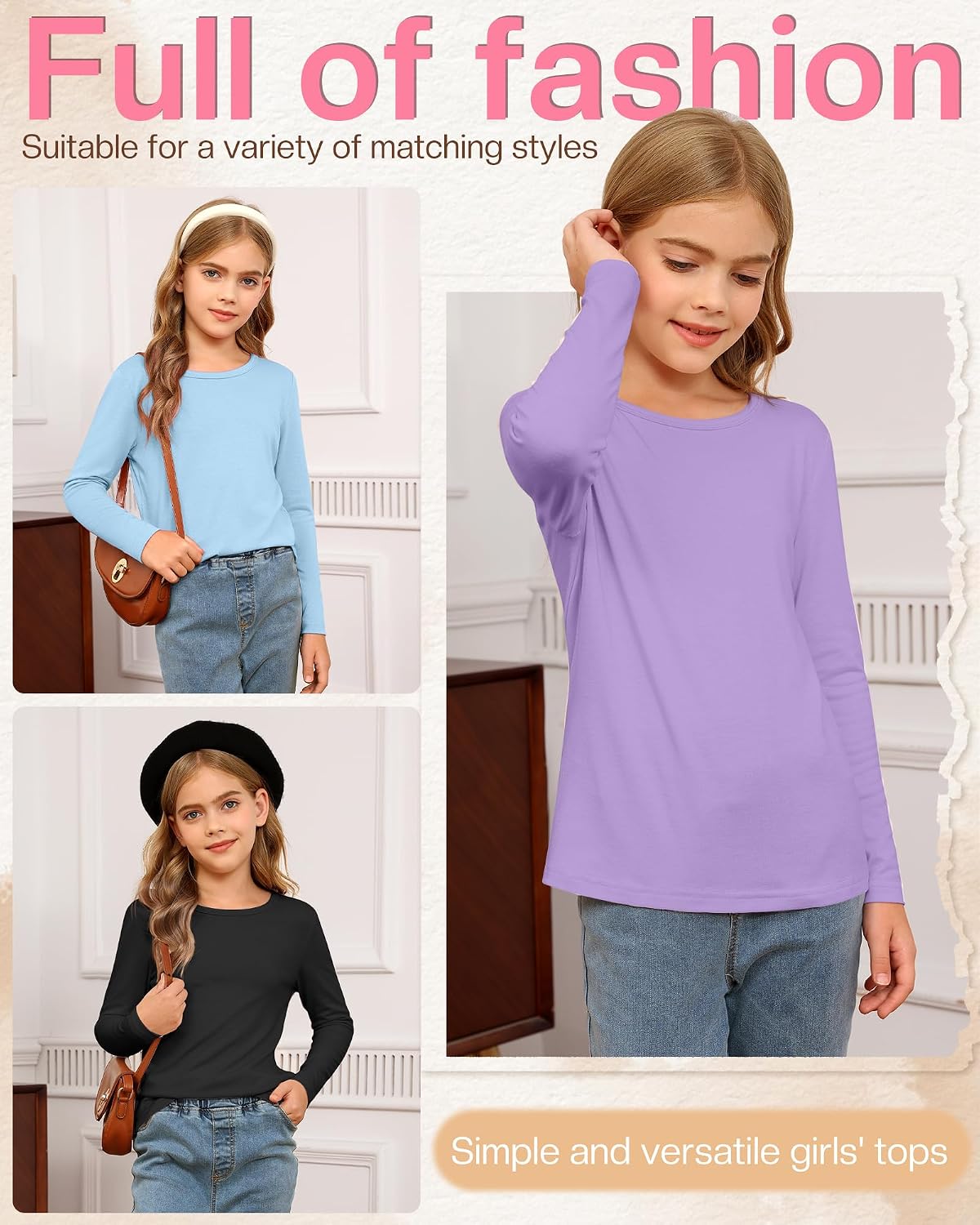 5 Pack Girls' Long Sleeve Shirts Crew Neck Tops