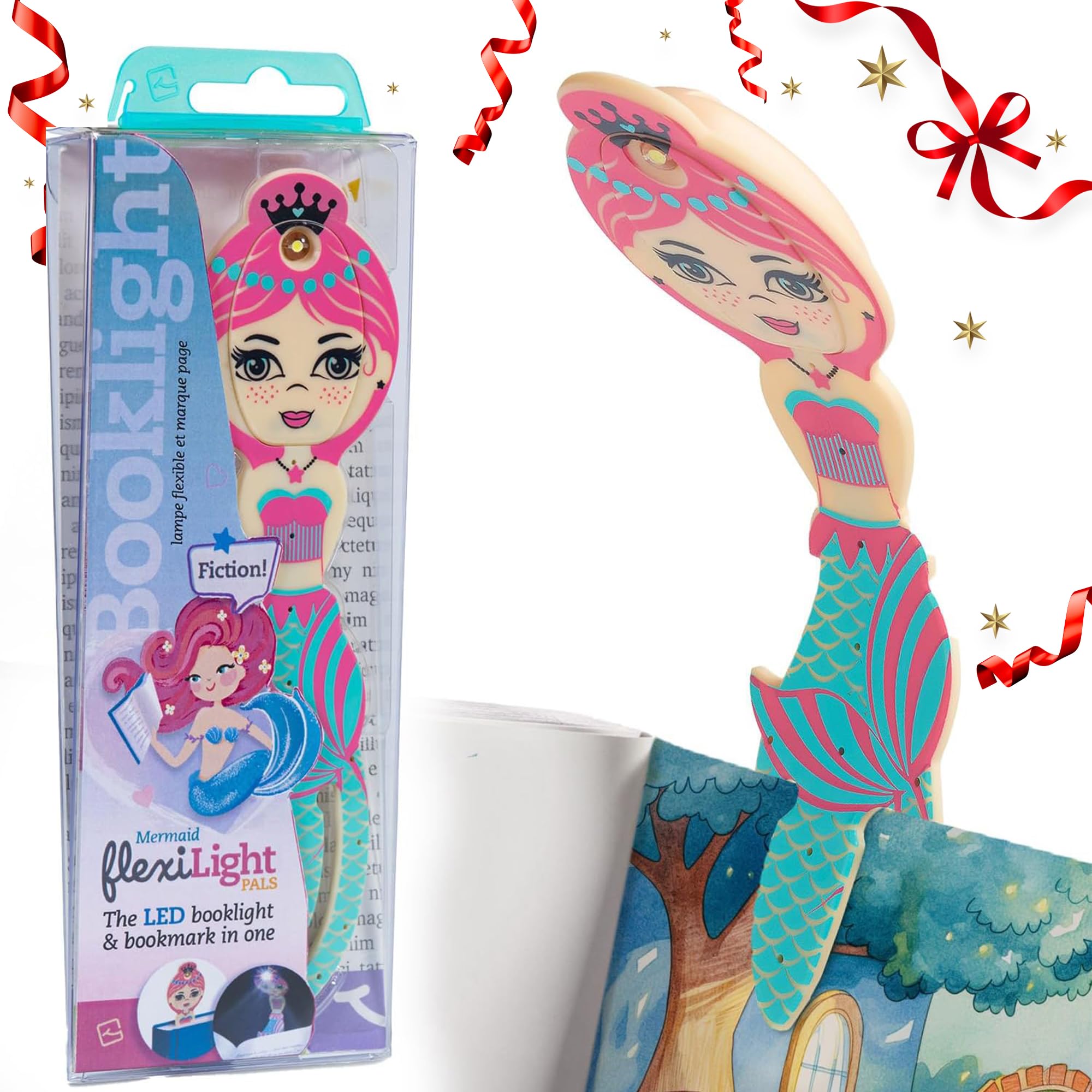 Gifts for Readers & Writers Book Light for Kids, Clip On Reading Light for Bed, 2in1 Flexilight Pals & Bookmark, Small & Lightweight with a Soft Glow, 2 Batteries Included, Mermaid Teal