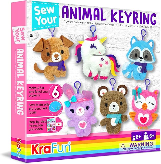 KraFun Unicorn Sewing Keyring Kit for Kids Age 7 8 9 10 11 12 Learn Art & Craft, Includes 6 Stuffed Animal Bear, Dog, Rabbit, Raccoon, Owl Dolls, Instruction & Felt Materials
