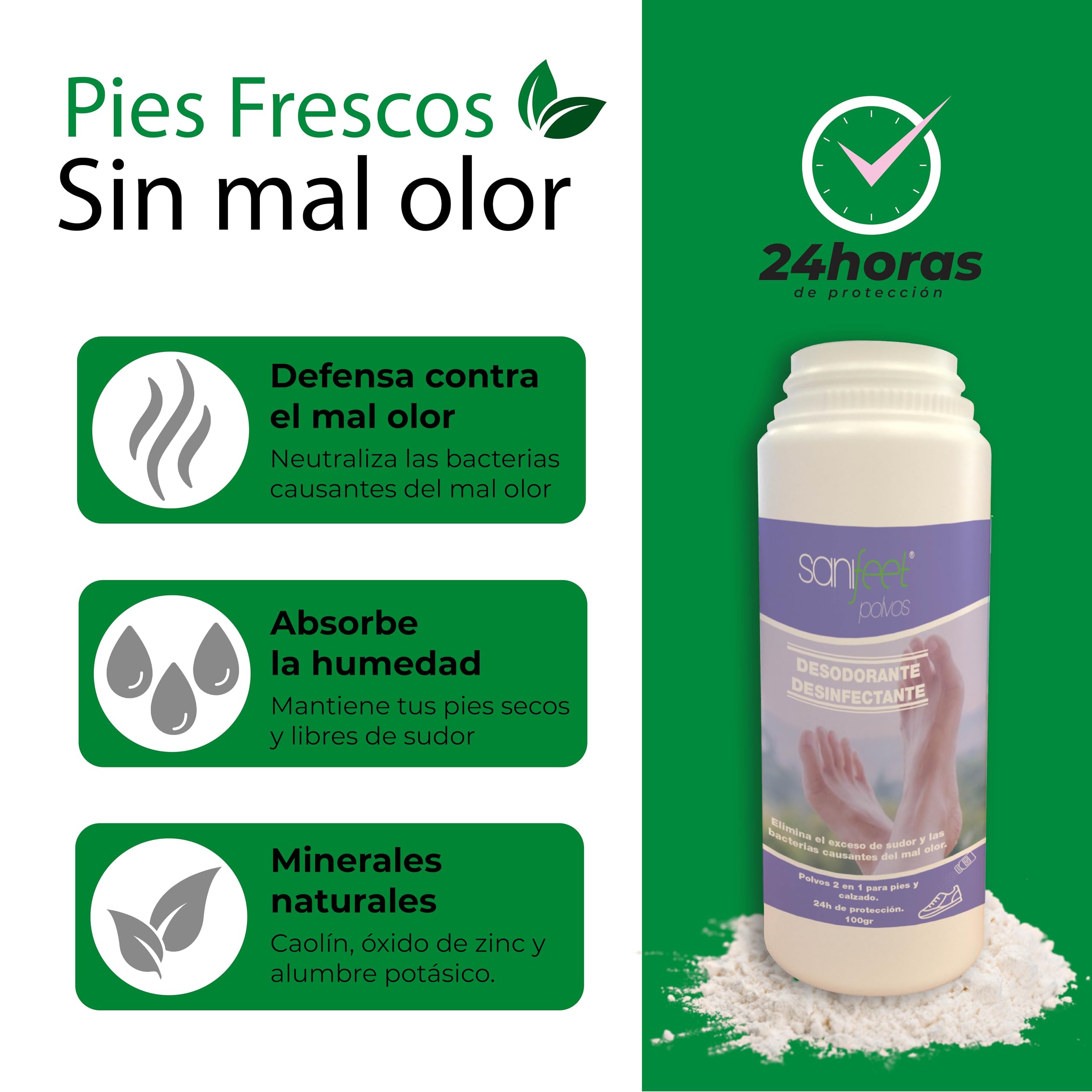Sanifeet Polvos Desodorante para Pies y Calzado 100g Antitranspirante Natural con Talco Alumbre Óxido de Zinc y Menta – Elimina Mal Olor, Absorbe Sudoración, Refresca, para Zapatillas, Zapatos y Niños