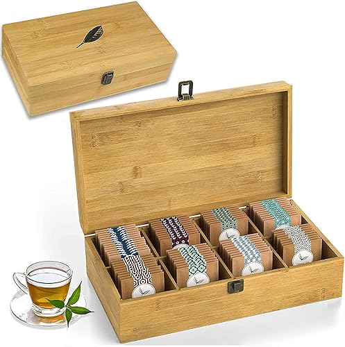 Miniatura 99 de Caja organizadora de té de bambú sin productos químicos, ecológica, grande, alta y ajustable, baúl de almacenamiento de madera natural