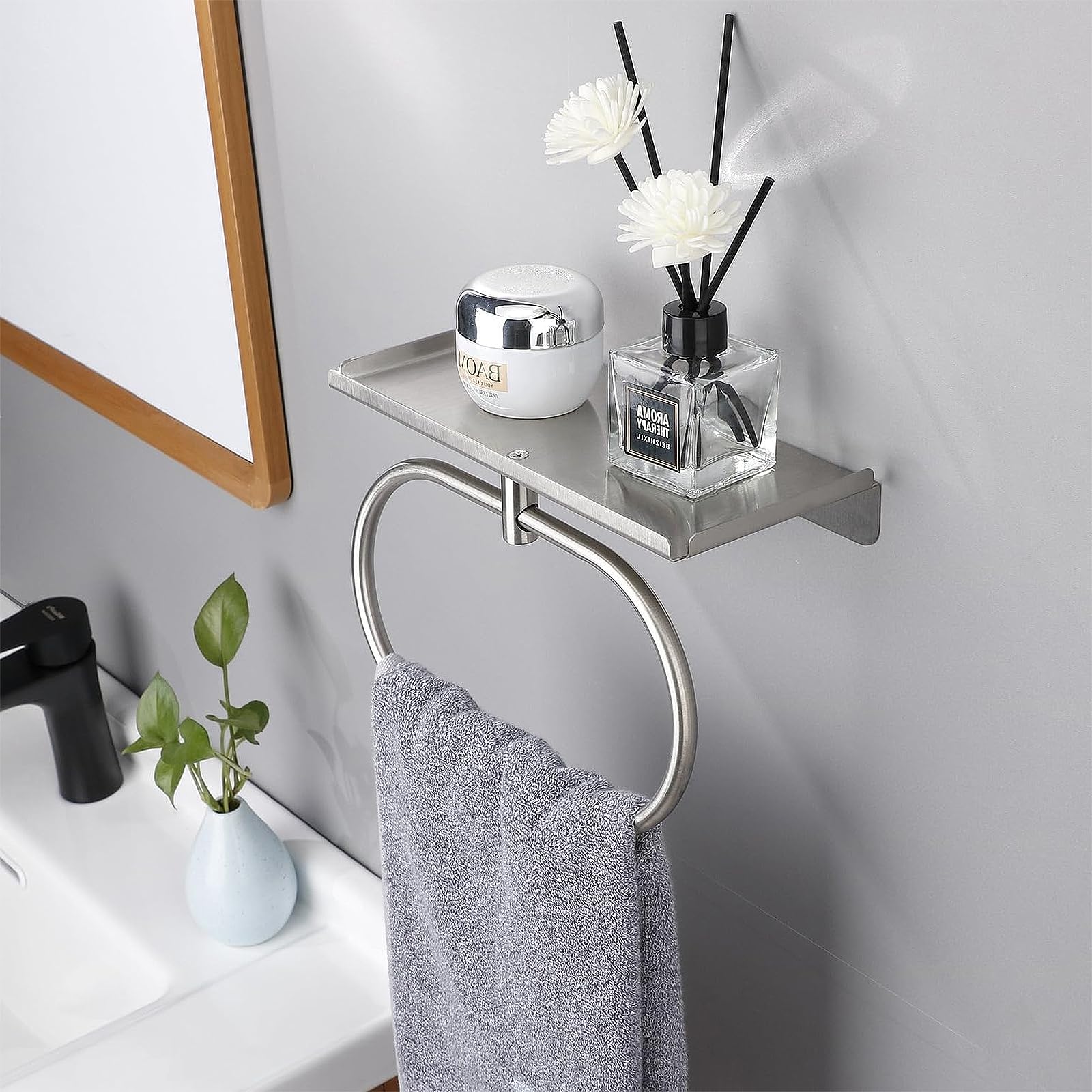 Anillo de Toalla de Acero Inoxidable 304, Toallero de Anilla Montaje en Pared, Autoadhesiva Toallero sin Taladrar, Toallero Cepillado para Baño, Cocina, Sala de Estar y Dormitorio (Plateado)