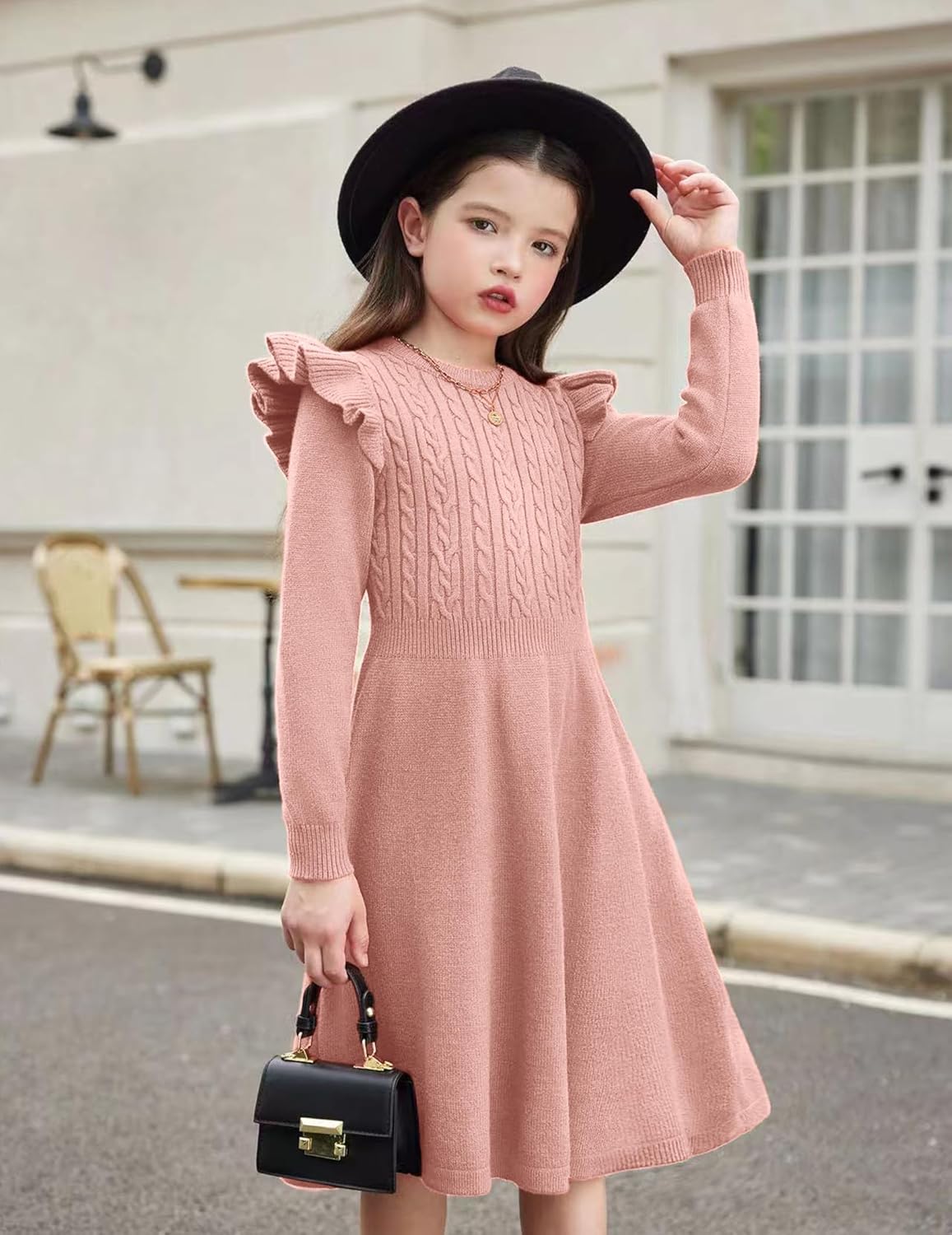 Arshiner Girls Sweater Dress Fall Winter Lantern Long Sleeve Cable Knit Pullover Midi Dresses - Image 2