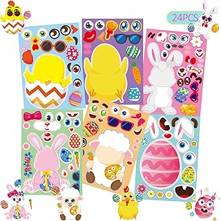YNERHAI 24sheets Easter Stickers Gifts for Kids, Easter Craft Kids Toys Can Make Own Face Easter Bunny Sheep Rabbit Colored Egg Chicks for Child Boys Girls School Game Activities Party Favor Supplies