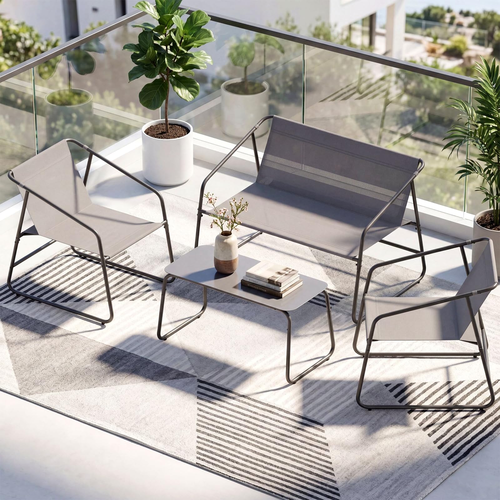 Clevich Set Salotto da Giardino 4 Pezzi in Textilene, Mobili da Esterno con Piedini Regolabili, Resistente agli Agenti Atmosferici, Adatto per Terrazzo, Giardino e Spazi Esterni, Grigio