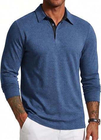 COOFANDY Mens Long Sleeve Polo Shirts Button Casual Tee Collared Work Pullover Shirts
