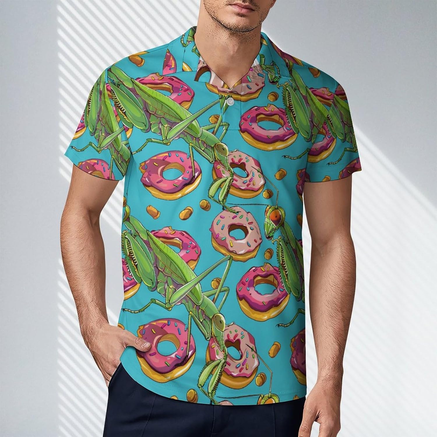 Praying Mantis and Donuts Novelty Men's Short Sleeve Shirt Golf Tennis Shirts Work T-Shirt Sport Tee