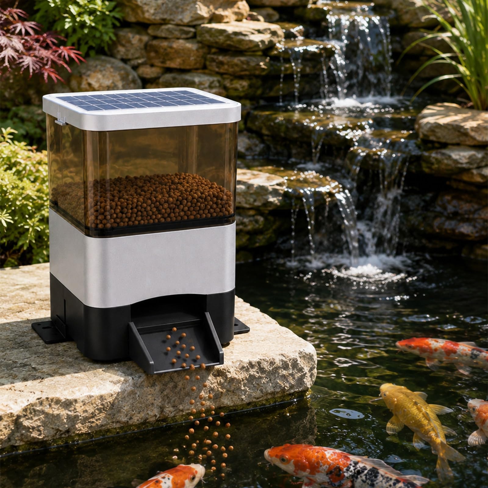 Distributore Automatico di Cibo per Pesci A Energia Solare, capacità 4L(10L), Timer Programmabile Solare E CA, Antiumidità per Laghetto Esterno Silver-10L