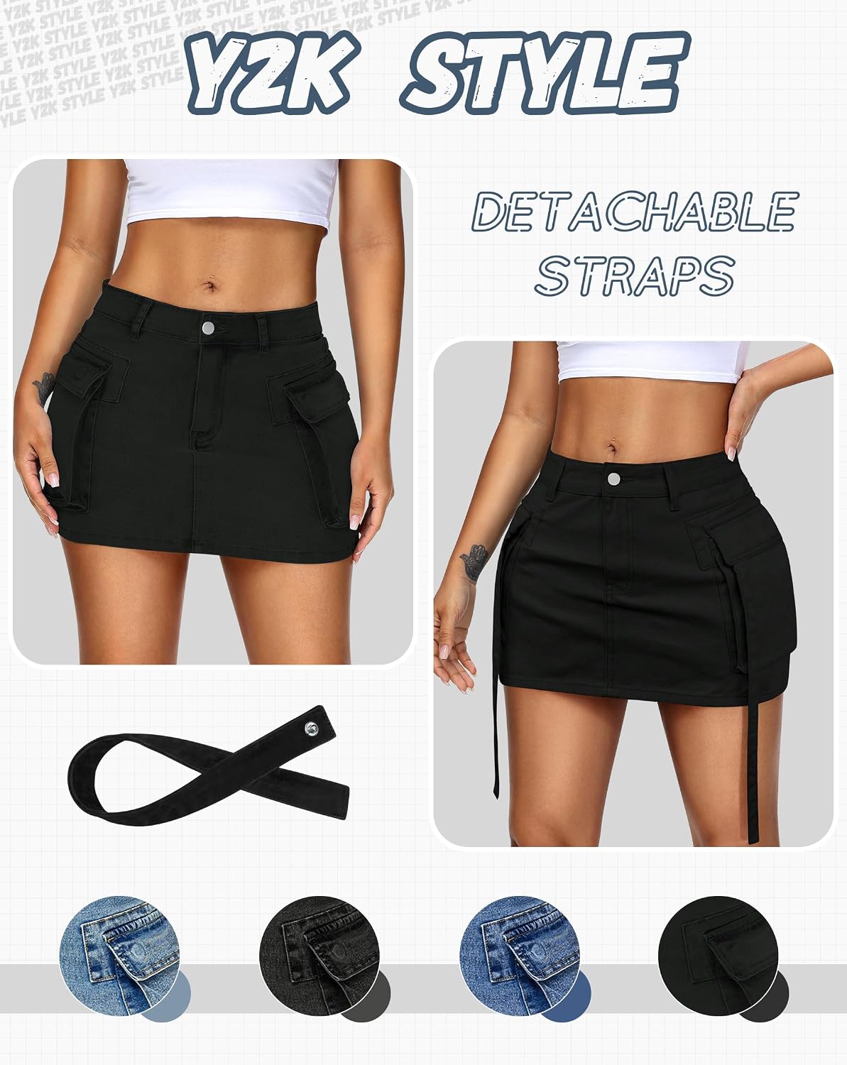 YZEGGO Womens Cargo Skirt Low Waist Button Denim Mini Skirt Summer Y2k Jean Skirt with Flap Pockets