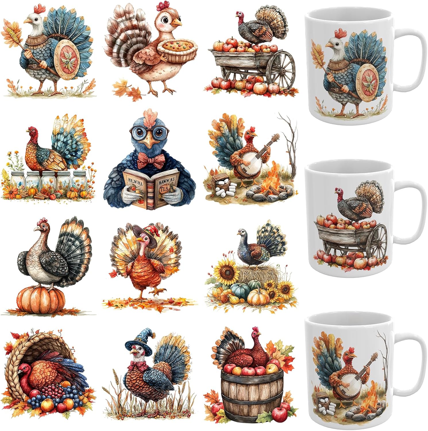 12 PCS UV DTF Stickers Autumn Turkey UV DTF Cup Wrap for Glass Mugs