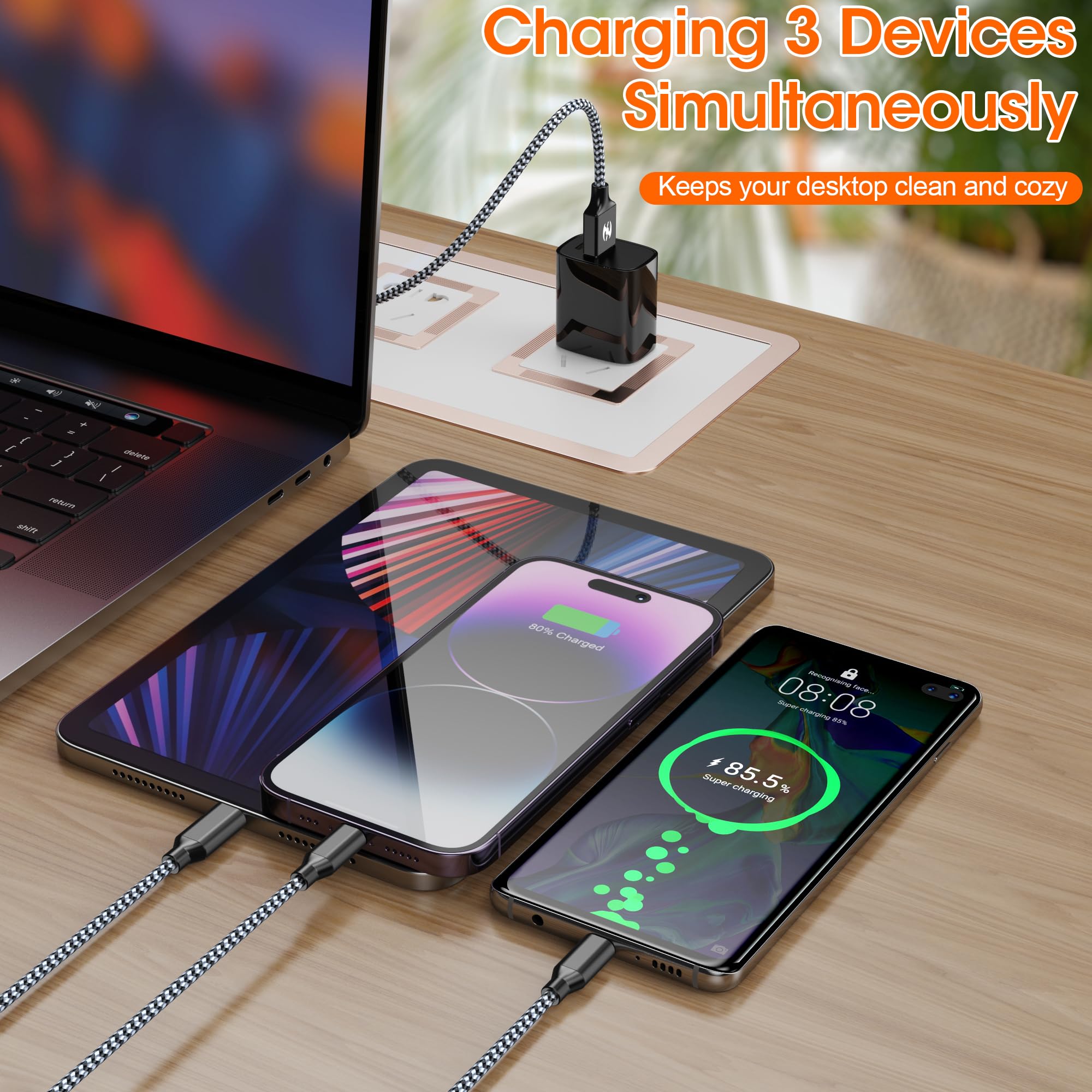 Cavo di ricarica multiplo (1,8 m, 2 pezzi) USB 3 in 1 multi cavo di ricarica per iPhone, certificato Apple MFi, in nylon intrecciato, cavo veloce USB con micro USB di tipo C, per la maggior parte dei
