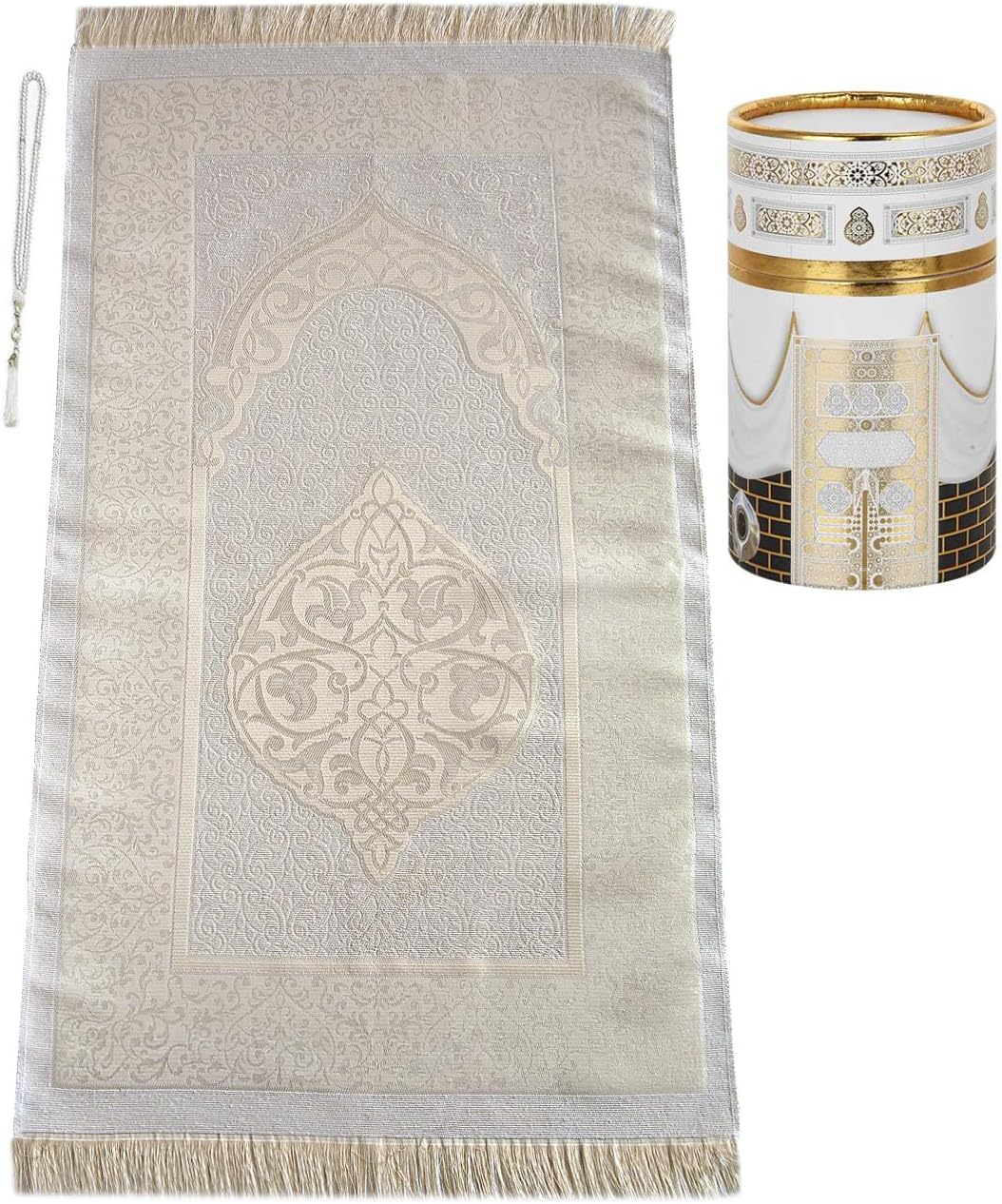 ihvan online Muslim Prayer Rug and Prayer Beads with Elegant Design Cylinder Gift Box, Janamaz, Soft Sajadah, Islamic Gifts Set, Portable Prayers Carpet Mat, Taffeta Fabric, White / Mod2