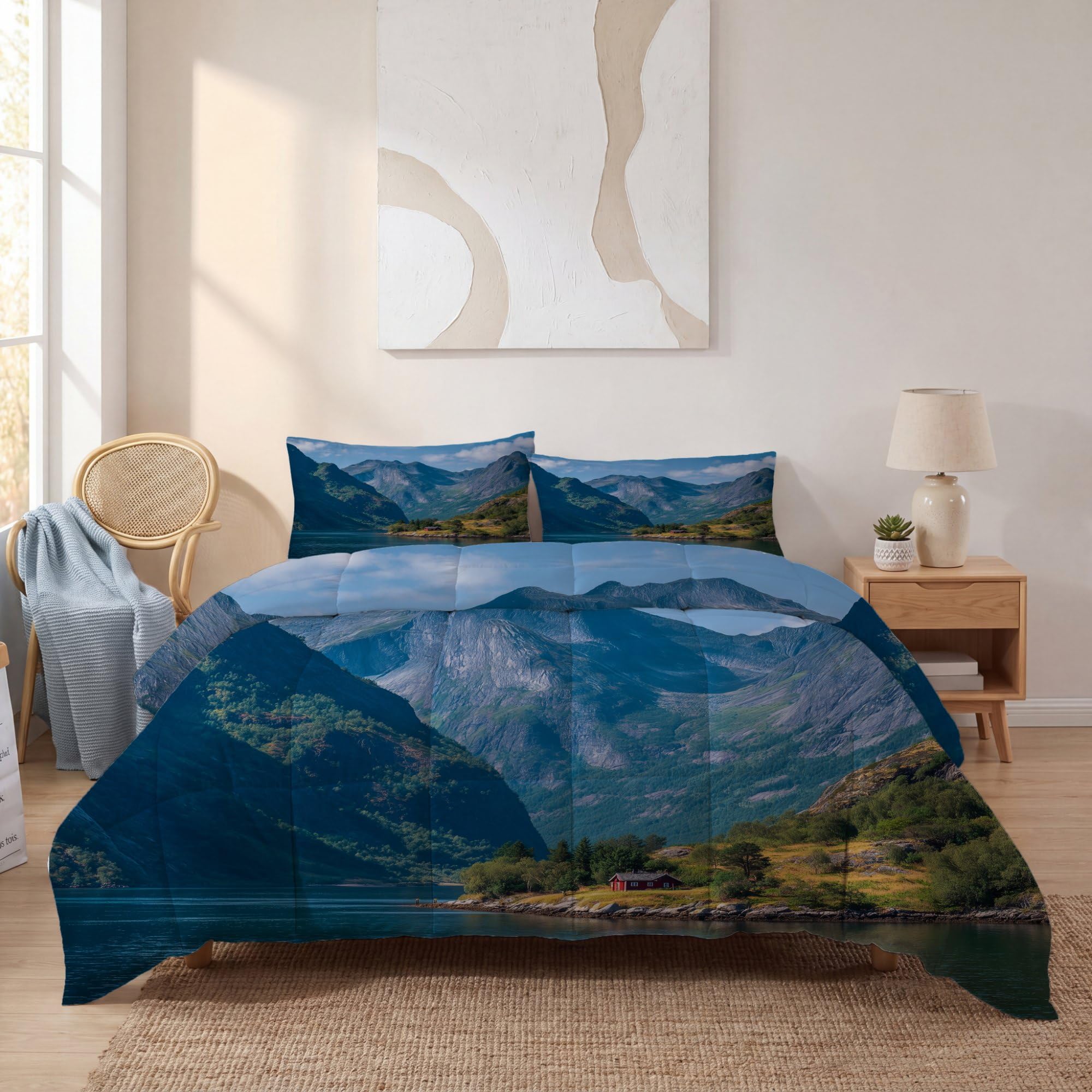Landschaft Berge See Hütte Bettdecke Ohne Bezug 135x200 cm 4 Jahreszeiten Blau Bedruckte Decke mit 2 Kissenbezügen, Weiche Mikrofaser Steppdecke für Schlafzimmer