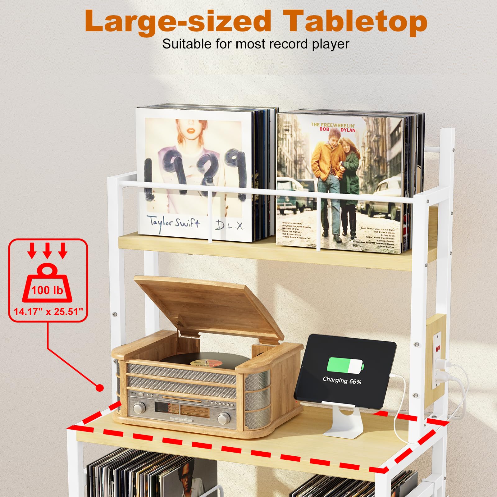 EasyCom Supporto per giradischi con contenitore in vinile, supporto per giradischi può contenere fino a 300 album, grande tavolo per giradischi con stazione di ricarica, supporto per dischi in vinile