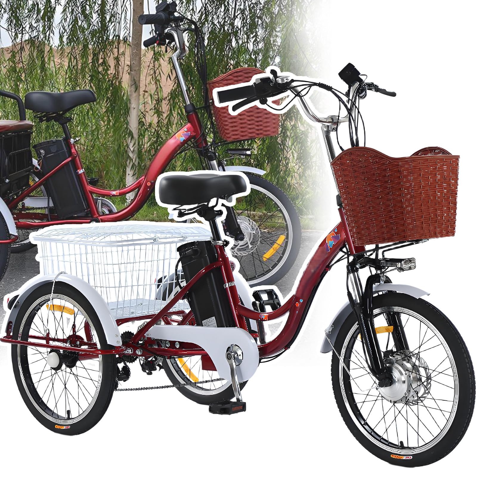 Triciclo elettrico per adulti, motore da 350 W, batteria rimovibile da 48 V, pneumatici da 20 pollici, telaio a scavalco basso, ampio cestino posteriore.