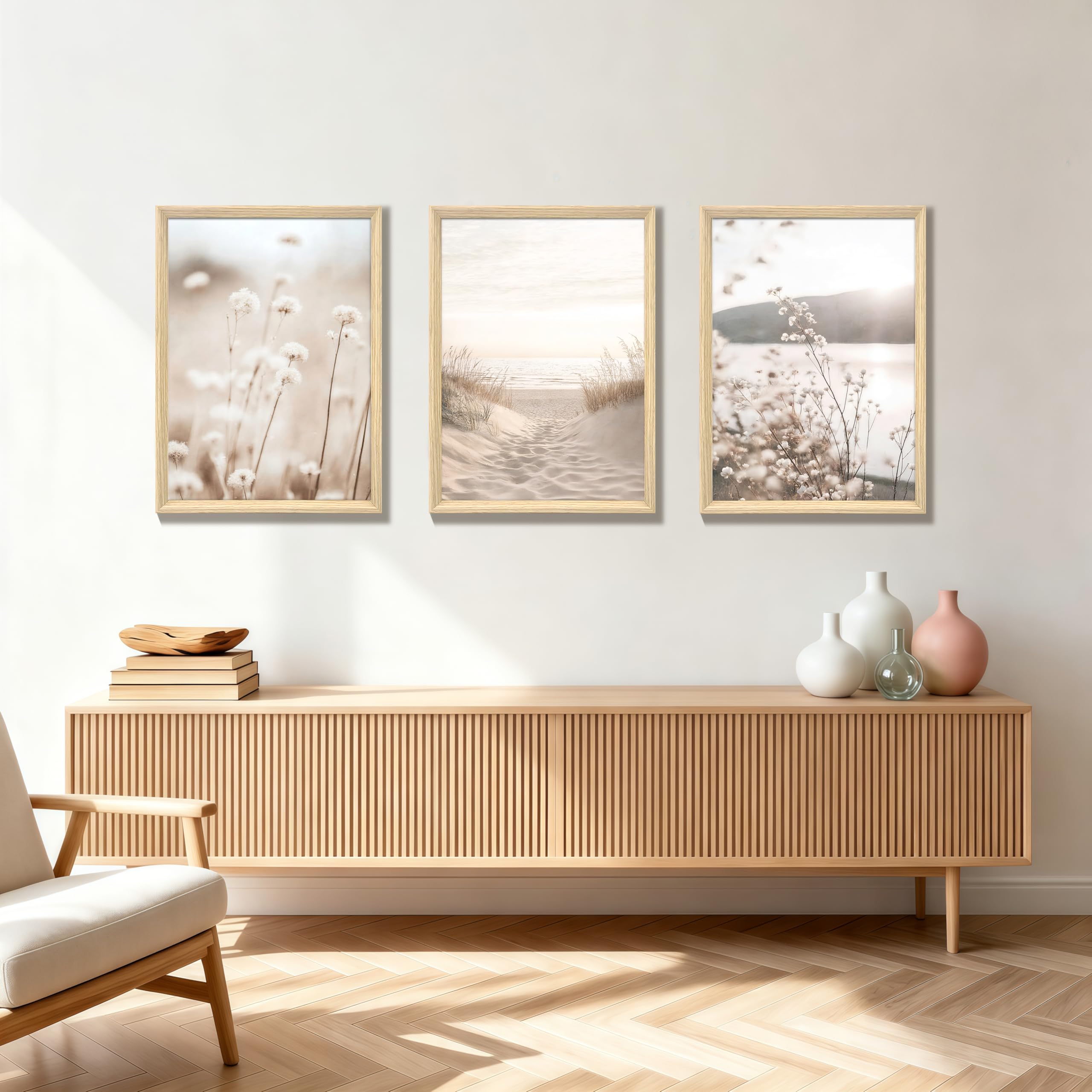WENGTIAO Obraz na płótnie oprawiony, boho beżowy krajobraz obraz dekoracja ścienna, minimalistyczne kwiaty plaża przybrzeżna malarstwo do dekoracji ścian salon dekoracja domu sypialnia 40x60cmx3