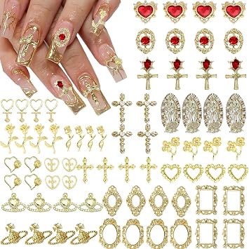 72pc Y2K Nail Art Charms - Gold Cross, Heart, Rose & Virgin Mary Metal Gems in Chrome Finish