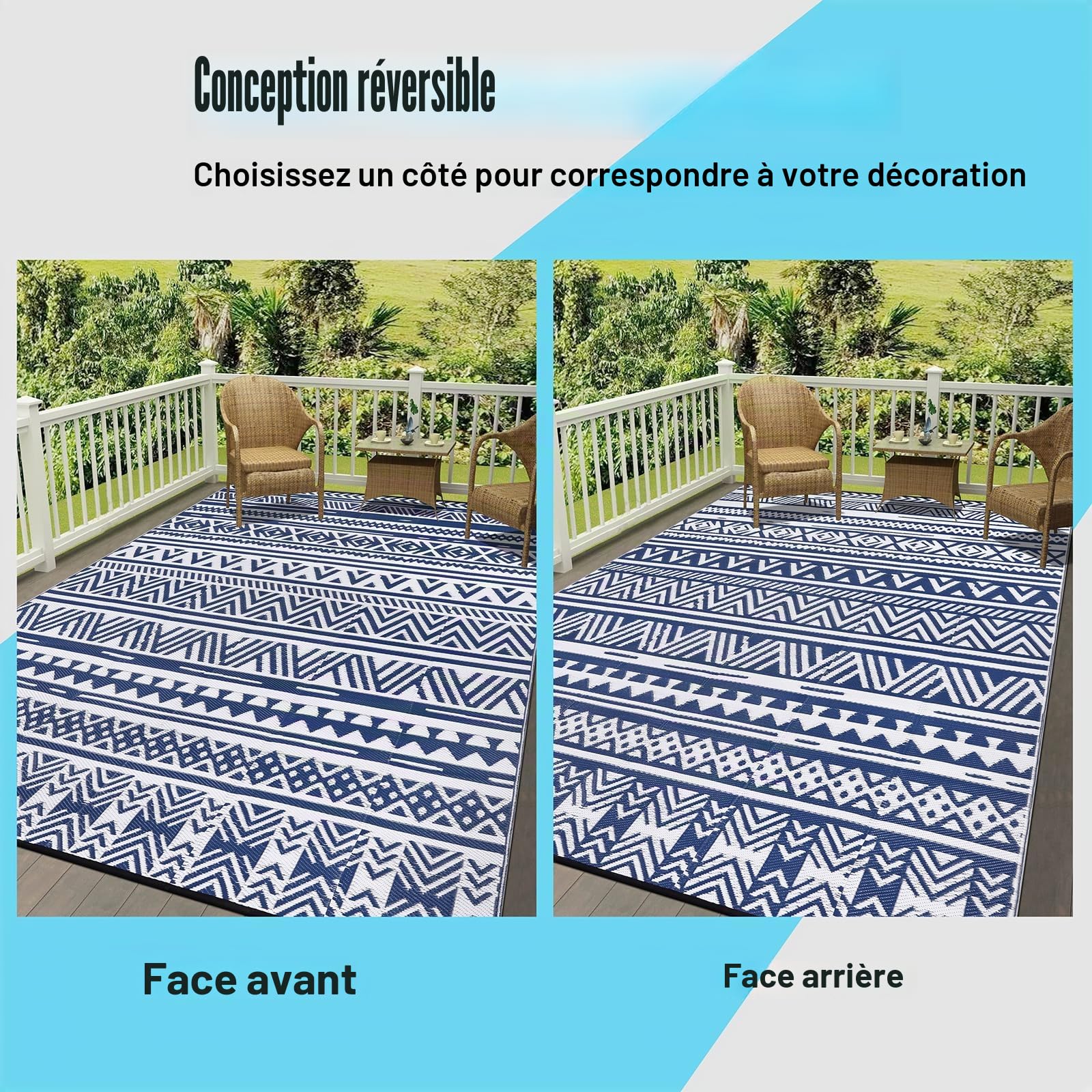 Enyhom Tapis D'extérieur Réversible 240 x 300 cm, Bleu Plastique Durable Résistant aux UV Tapis de Camping pour Camping-Car