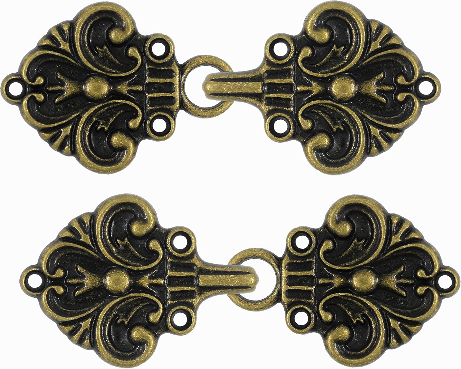 bezelry 4 Pairs Fleur De Lis Cape or Cloak Clasp Fasteners. 70mm x 26mm. Fastened. Sew On Hooks and Eyes Cardigan Clip