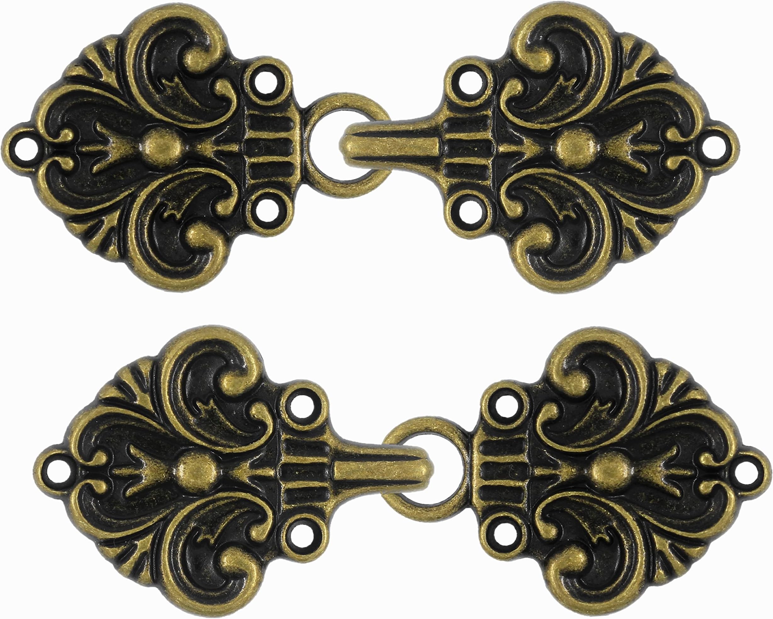 bezelry 4 Pairs Fleur De Lis Cape or Cloak Clasp Fasteners. 70mm x 26mm. Fastened. Sew On Hooks and Eyes Cardigan Clip