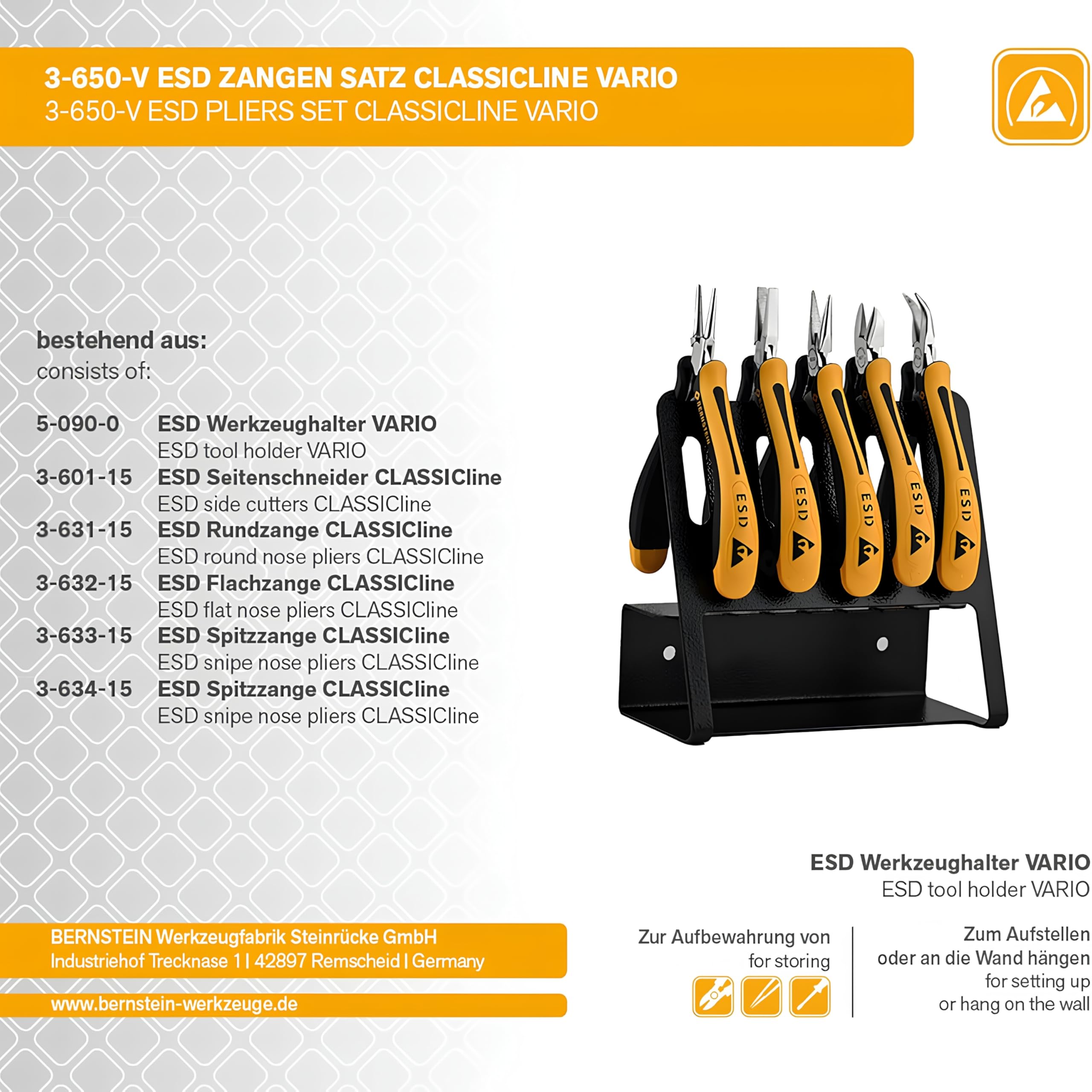 BERNSTEIN ESD Zangen Satz CLASSICline VARIO 5-tlg (inkl. ESD Werkzeughalter) | Elektronikzangen Set | Feinmechaniker Werkzeug Set