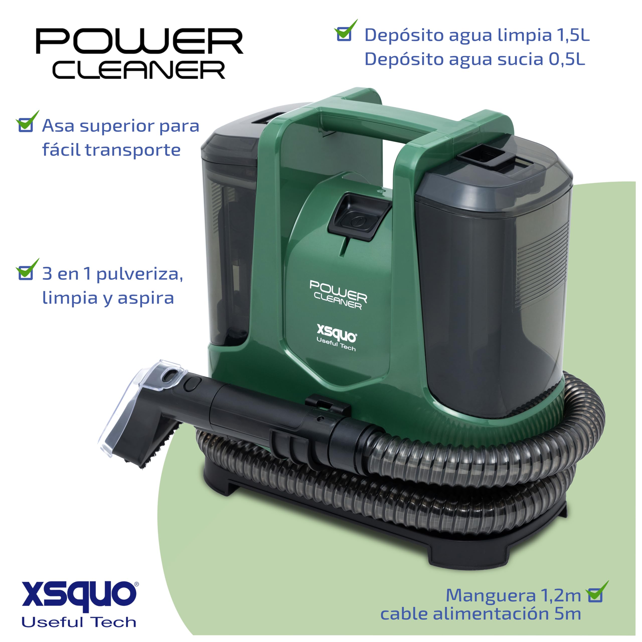Aspirador de tapicerías alfombras moquetas Pulveriza limpia y aspira de una pasada 400w de potencia, 2 depósitos de agua limpia y sucia Radio de acción 7 metros Asa de desplazamiento Power Cleaner